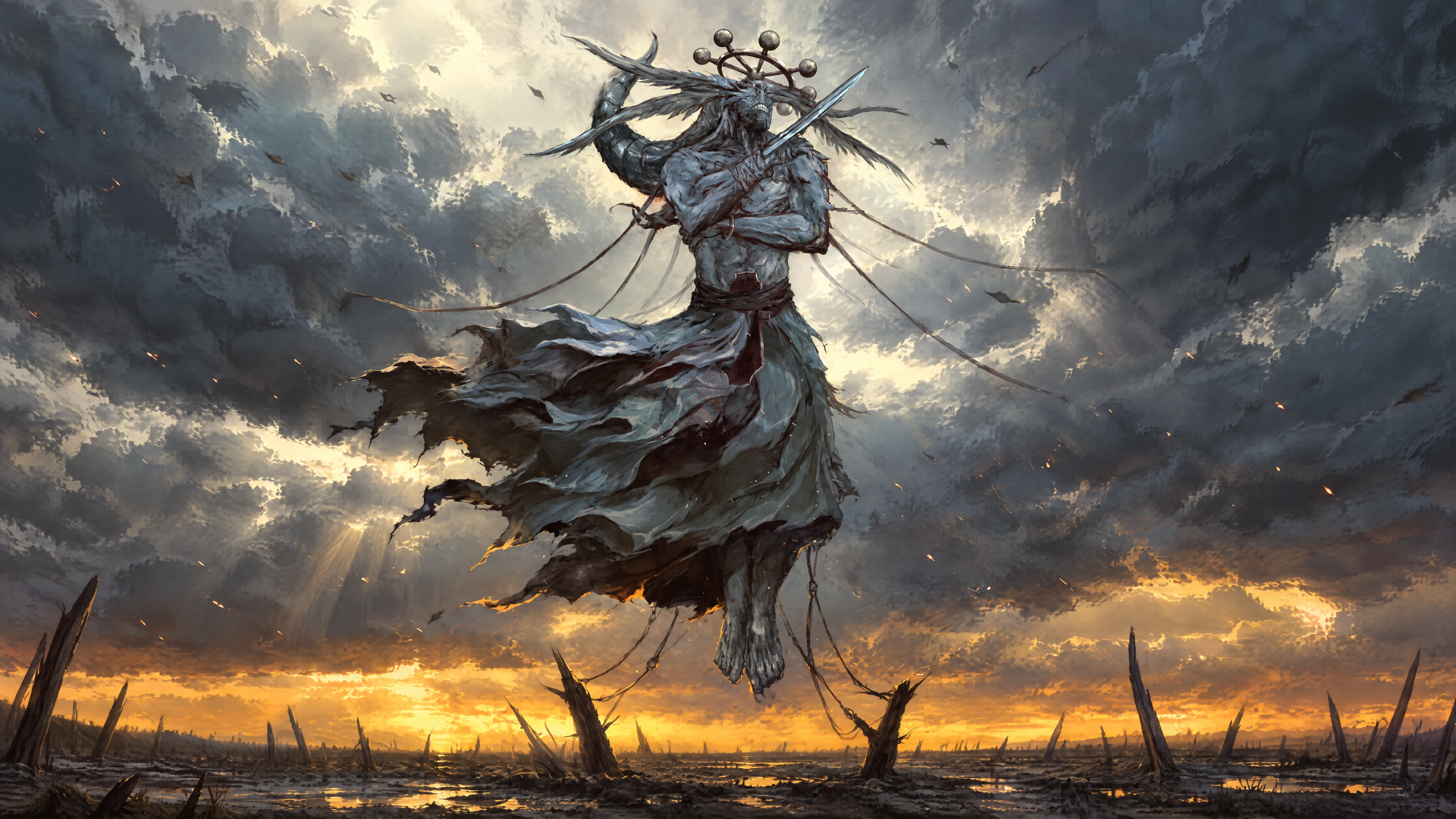 Mahoraga (Jujutsu Kaisen) warrior hovers above a storm-torn battlefield beneath roiling clouds and a fiery sunset — 4K Ultra HD PC desktop wallpaper/background.