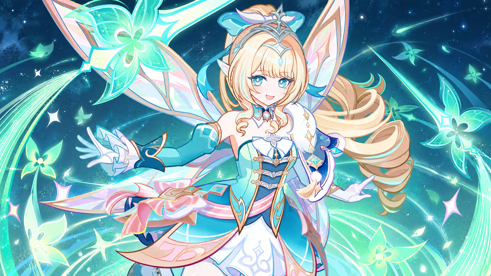 Genshin Impact Vesna: blonde anime fairy girl in teal-white magical outfit with translucent wings and glowing green floral magic, vibrant 4K Ultra HD PC desktop wallpaper.