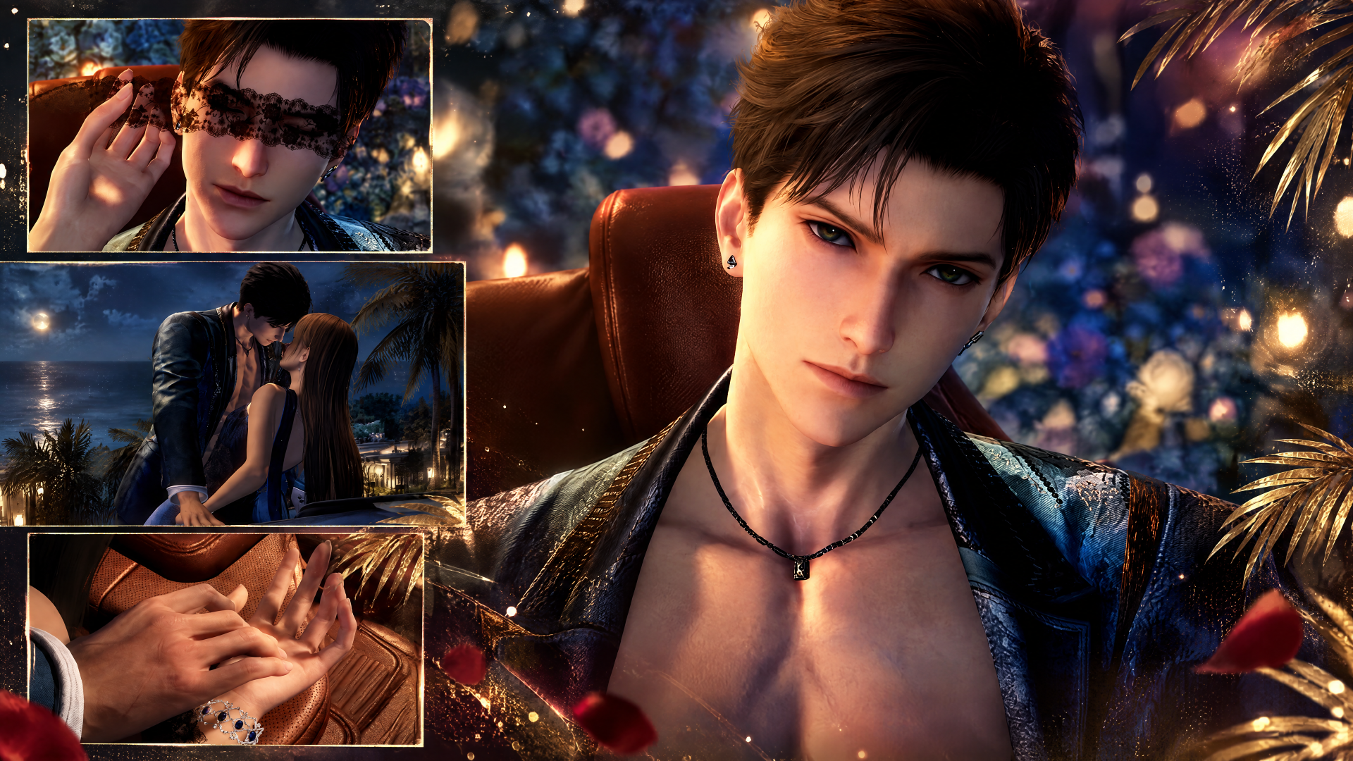 4K Ultra HD PC desktop wallpaper and background: portrait of Zayne, a man in a romantic Love and Deepspace scene, close-up with tousled hair, necklace and glowing montage panels.