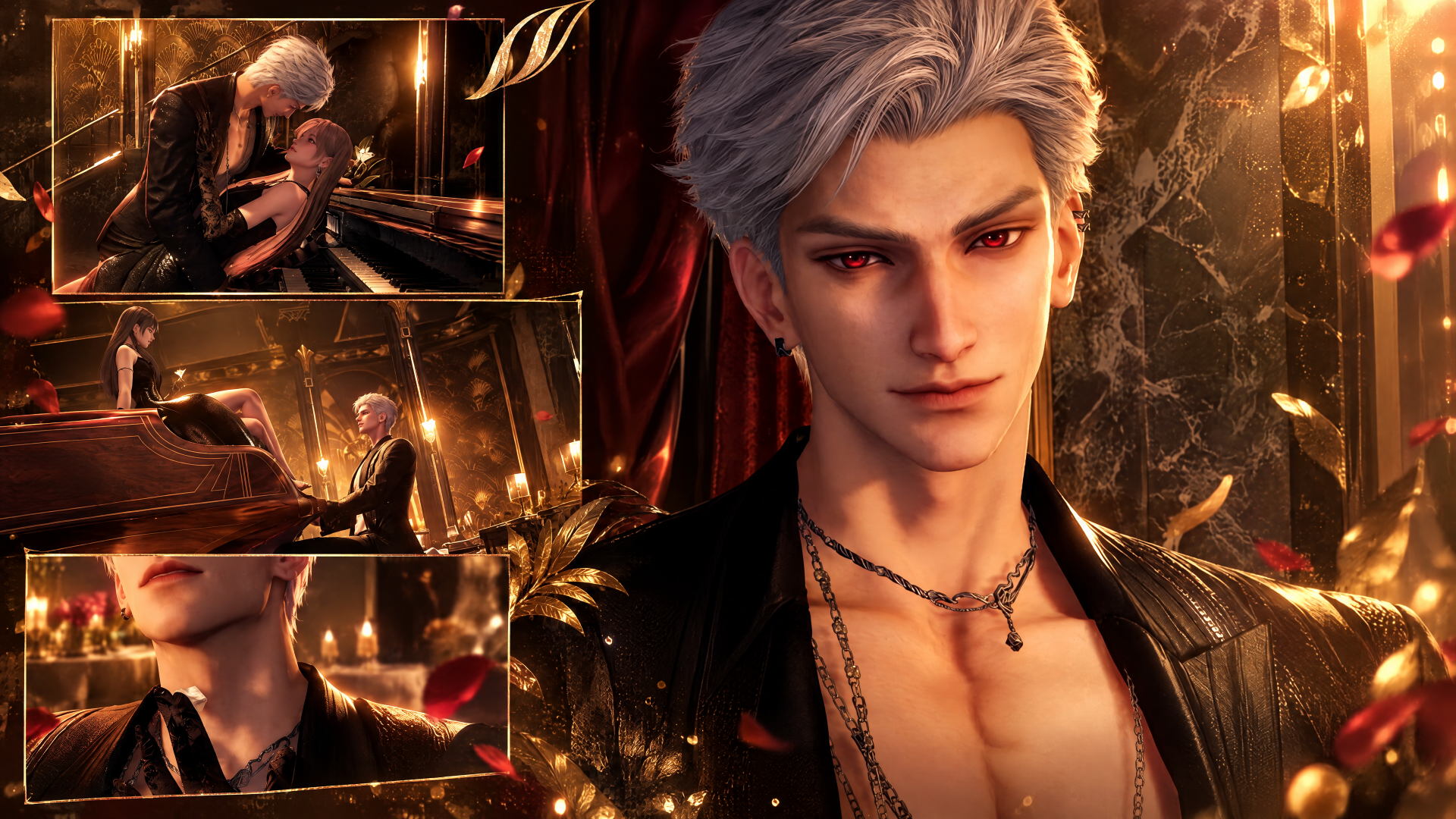 4K Ultra HD PC desktop wallpaper: Sylus, an anime male in a Love and Deepspace-inspired scene—close-up portrait with smoldering gaze, leather jacket and cinematic gold lights.