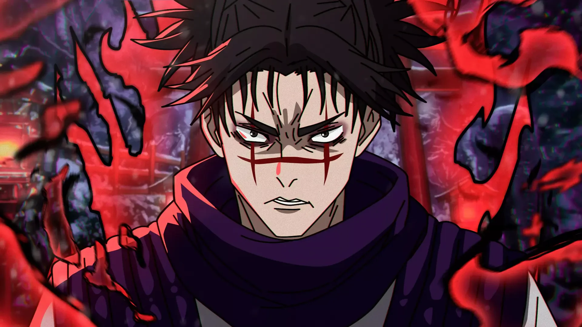 Choso from Jujutsu Kaisen stares intensely, red facial markings and black‑red swirling aura behind him — 5K Ultra HD PC desktop wallpaper/background.