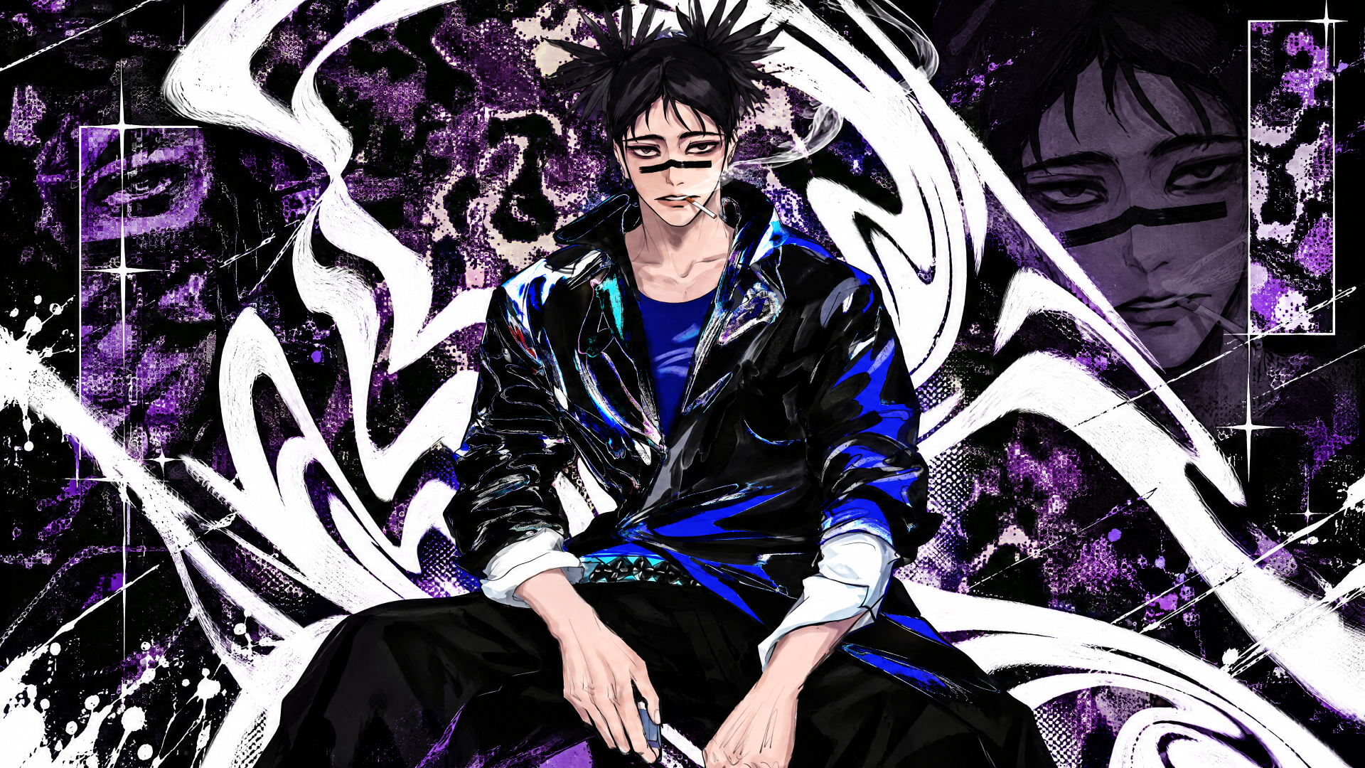 Choso (Jujutsu Kaisen) seated amid purple-and-white energy swirls, dark grunge anime backdrop — 4K Ultra HD PC desktop wallpaper/background.