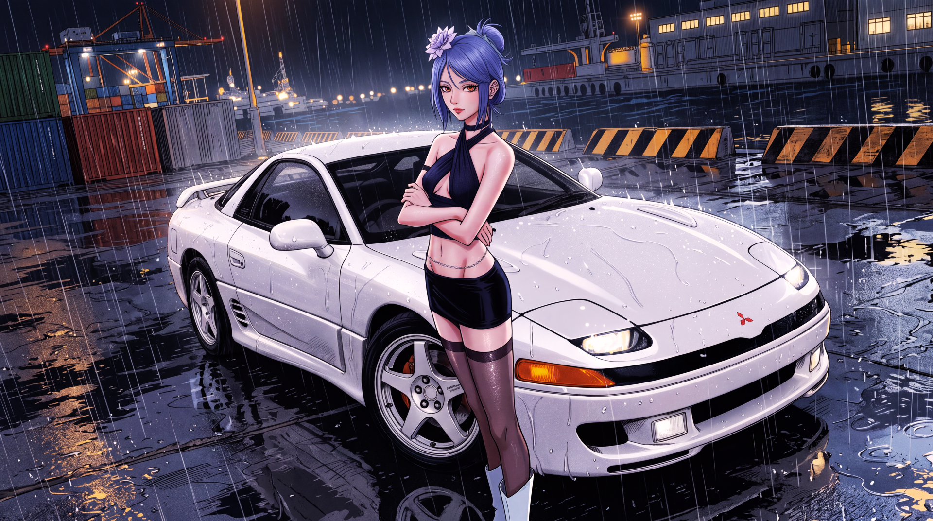5K Ultra HD PC desktop wallpaper of Konan (Naruto): blue‑haired anime girl leaning against a white Mitsubishi Eclipse on a rain‑slick city night.
