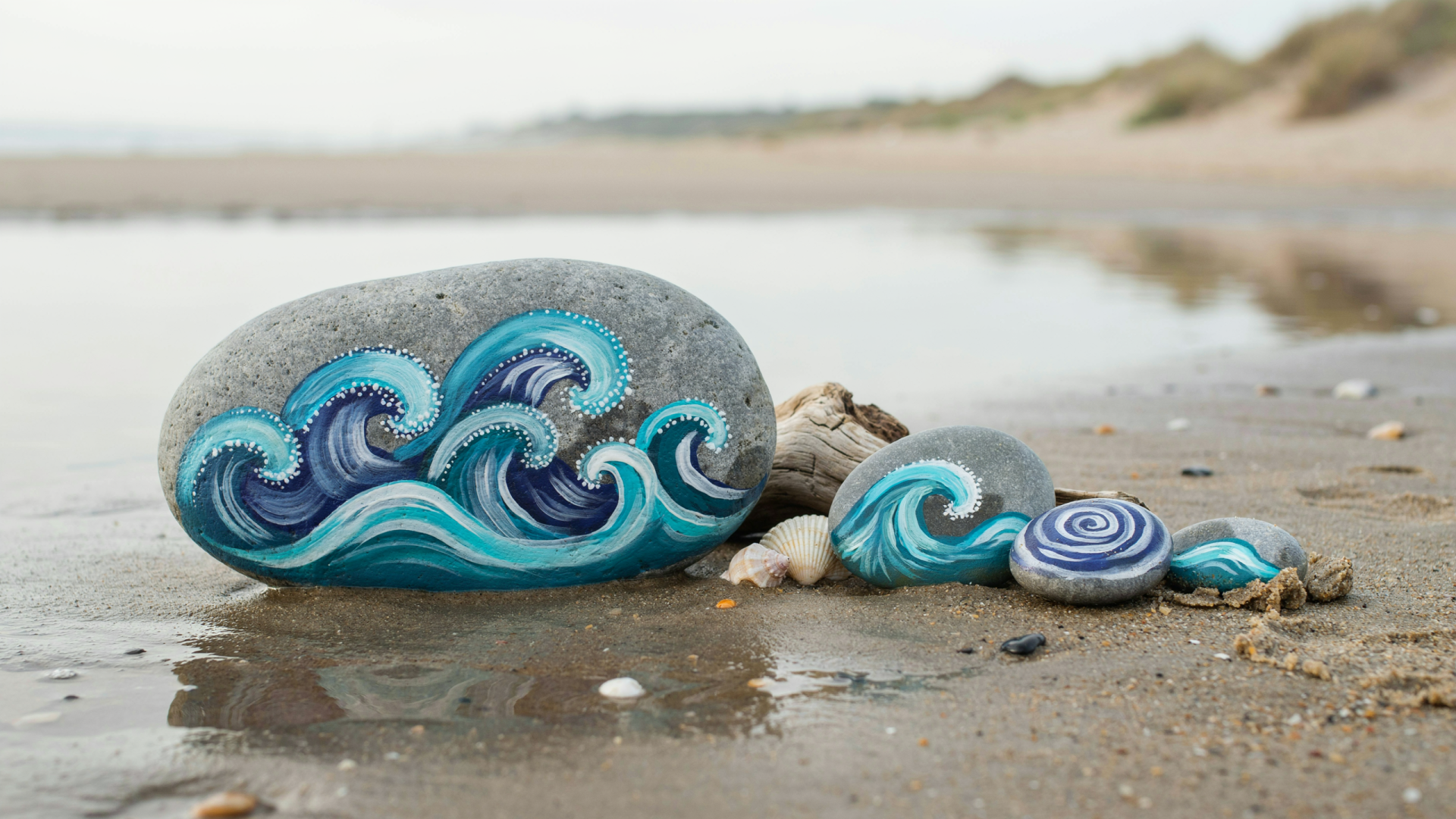 Rock painting of stylized turquoise ocean waves on stones resting on a sandy beach — 2K Quad HD PC desktop wallpaper and background.