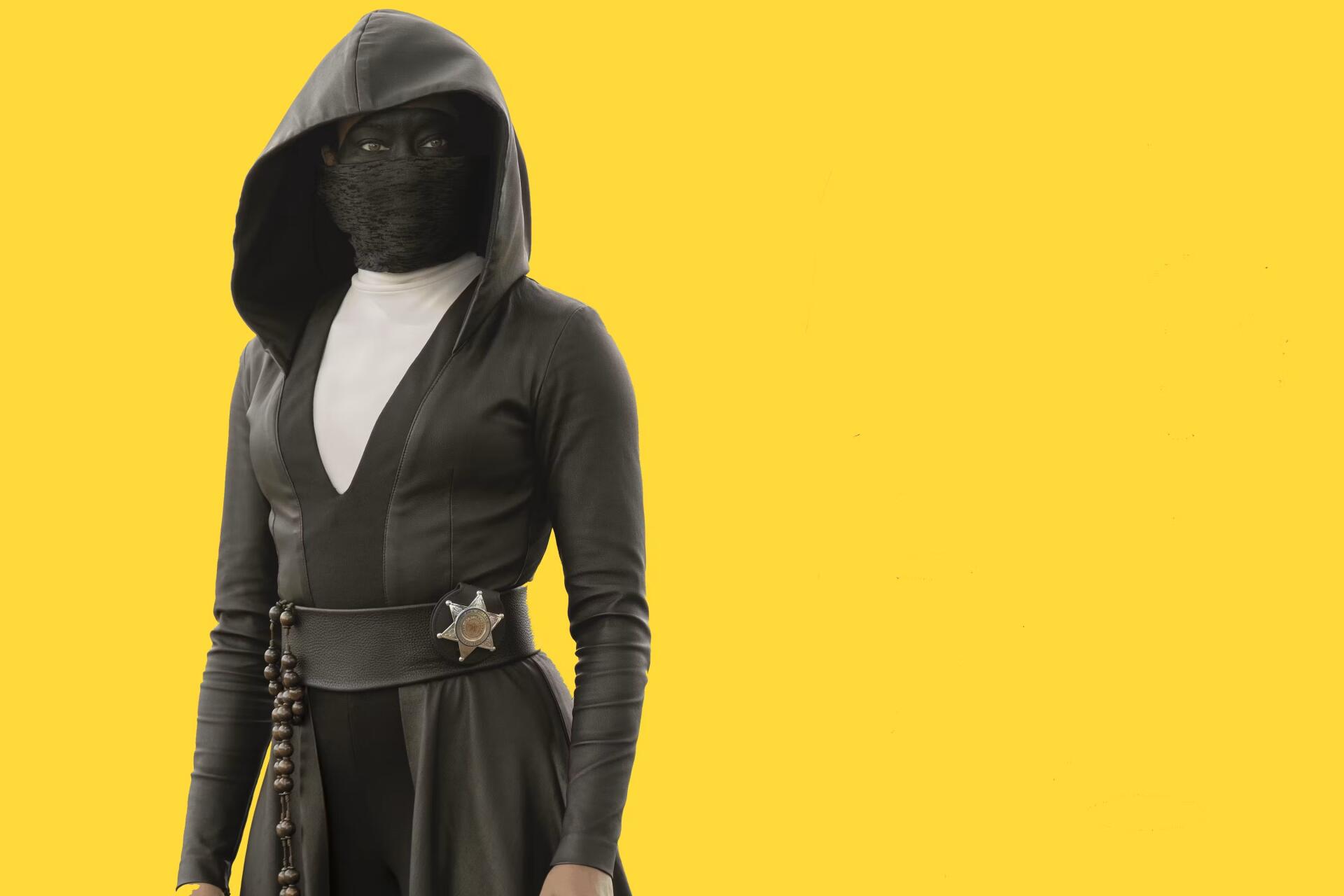 Watchmen (TV Show) character in black hooded outfit with masked face and sheriff star on belt, on a bright yellow background — 2K Quad HD PC desktop wallpaper.
