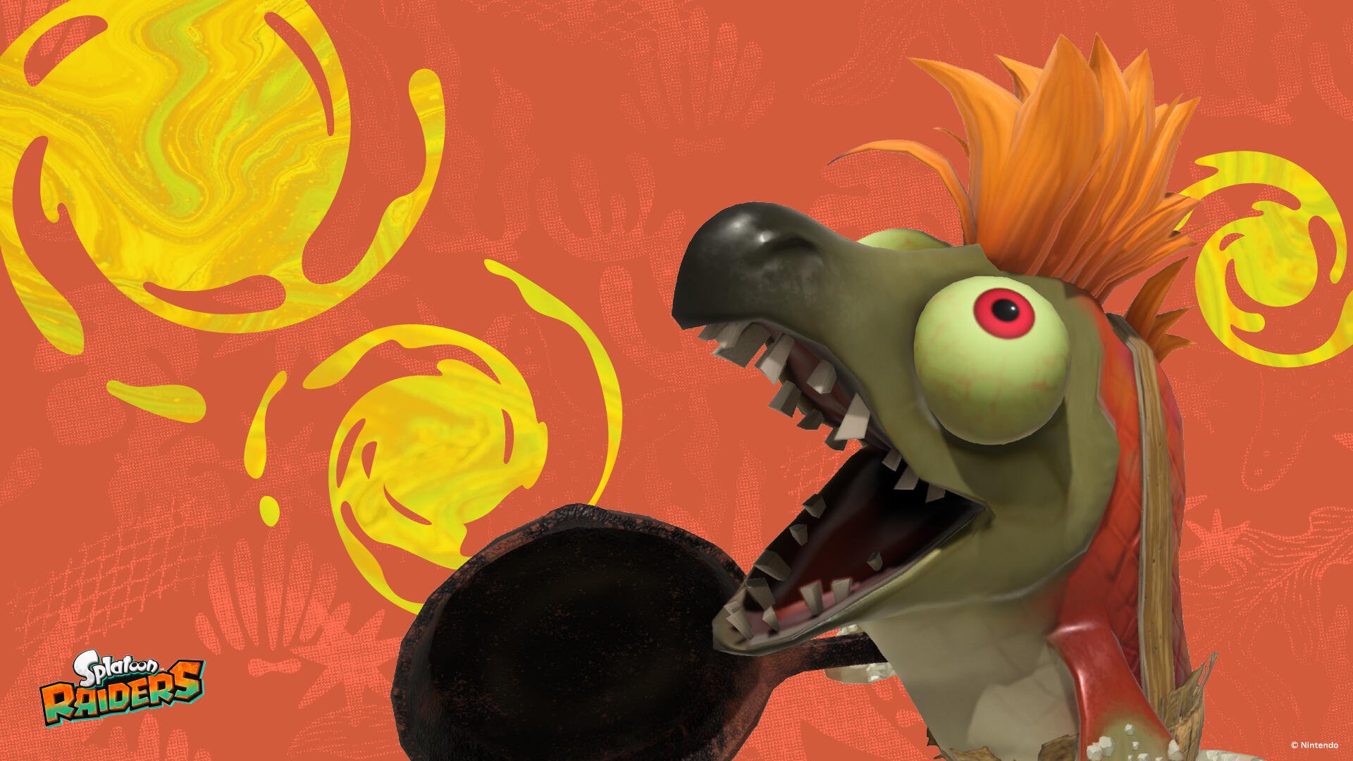 Splatoon Raiders HD PC desktop wallpaper and background: stylized green dino with orange mohawk roaring, holding a black disc against an orange field splashed with yellow paint swirls.
