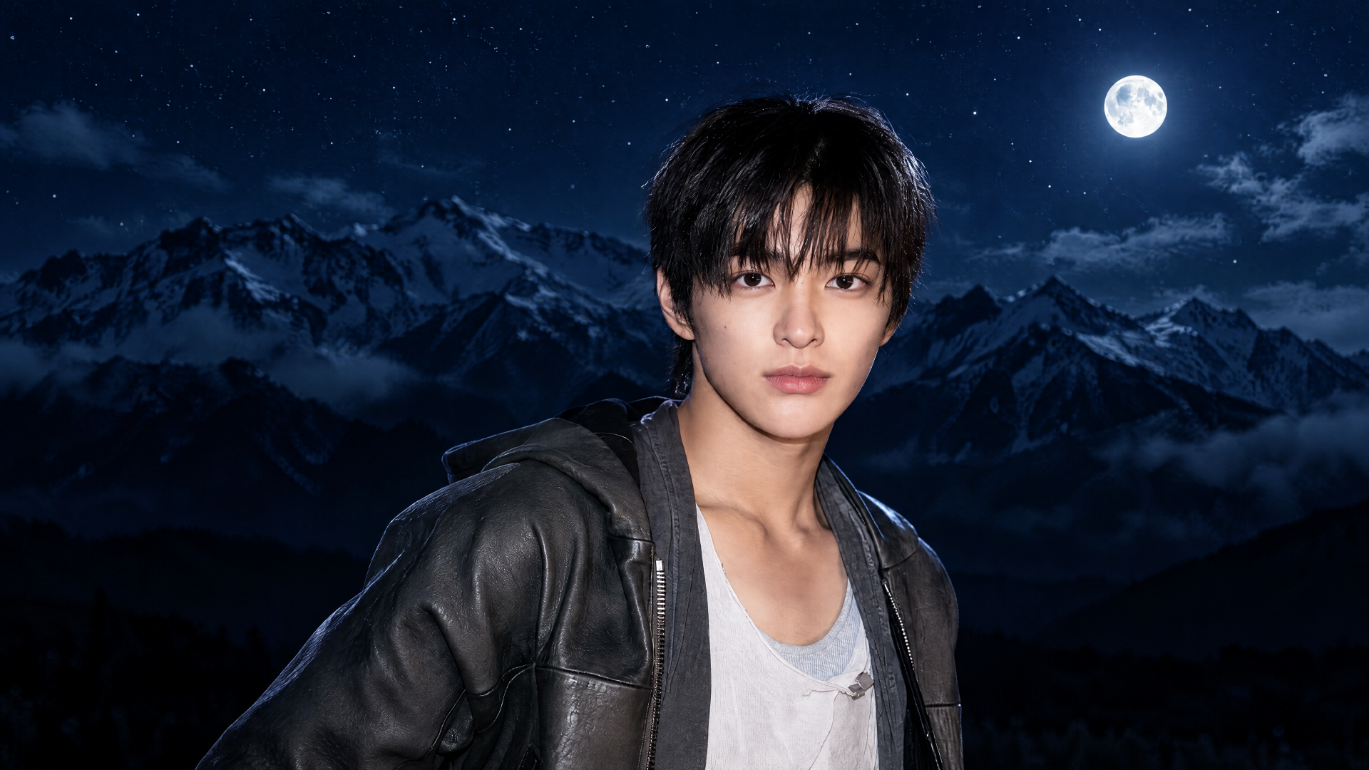 Cortis fashion portrait of a man in a leather jacket against moonlit mountain night with full moon — 4K Ultra HD PC desktop wallpaper background