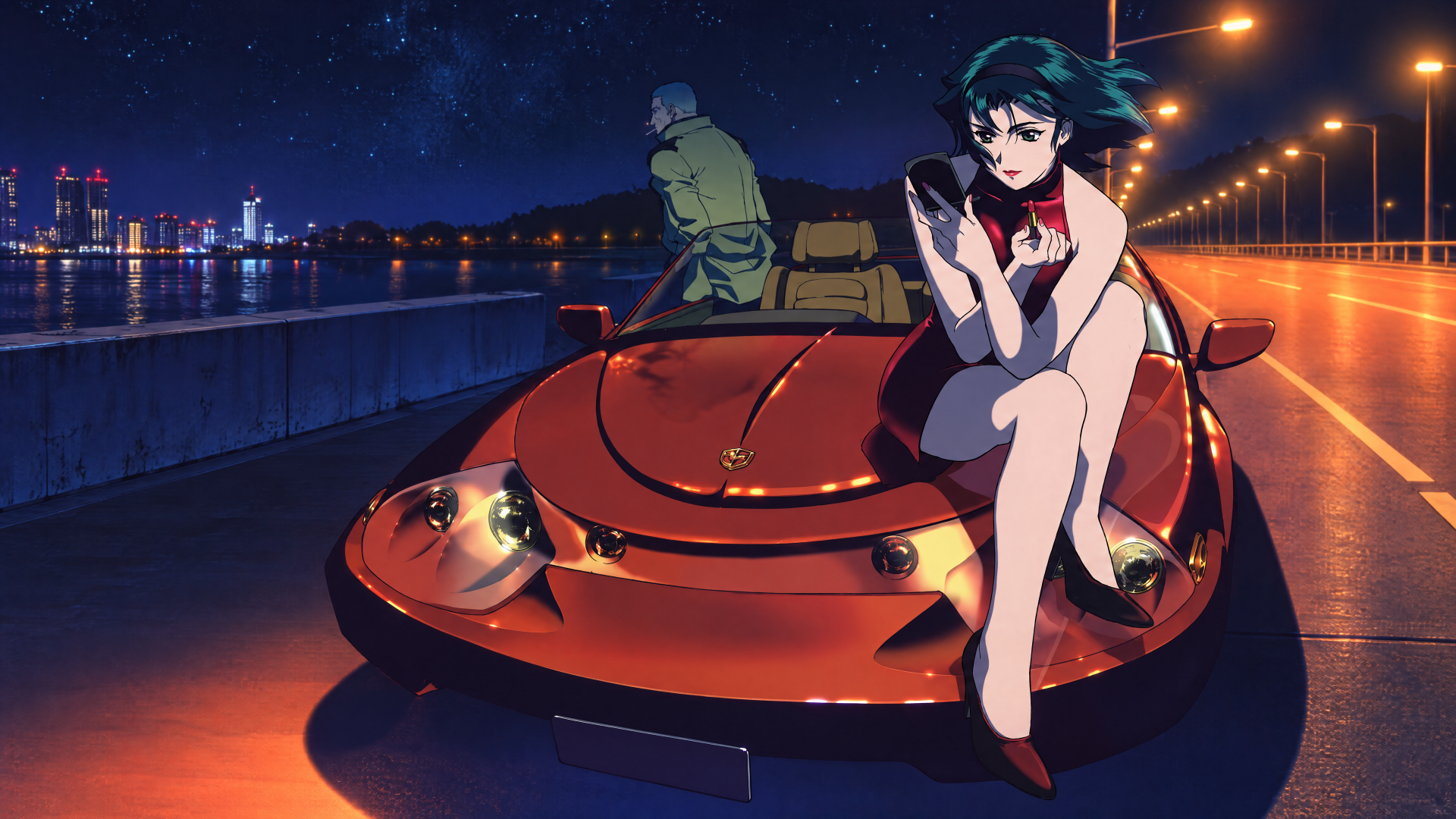 4K Ultra HD PC desktop wallpaper: Cowboy Bebop anime scene with Faye Valentine seated on a red sports car and Jet Black watching the city lights at night.
