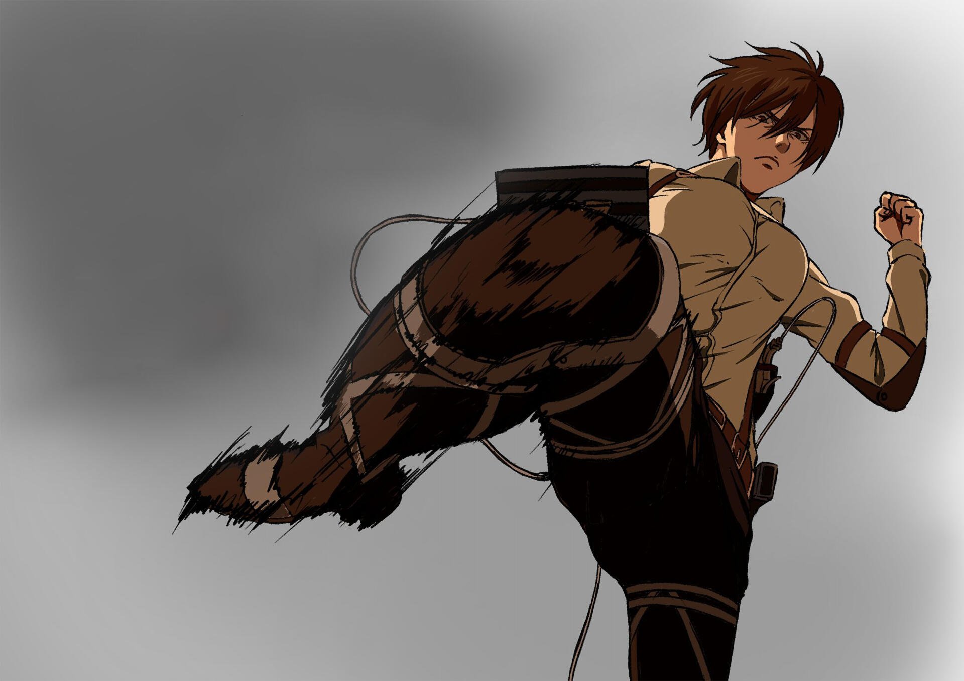 Mikasa Ackerman from Attack on Titan, a fierce fighter, launching a powerful mid-air kick with ODM gear — dynamic anime 5K Ultra HD PC desktop wallpaper.