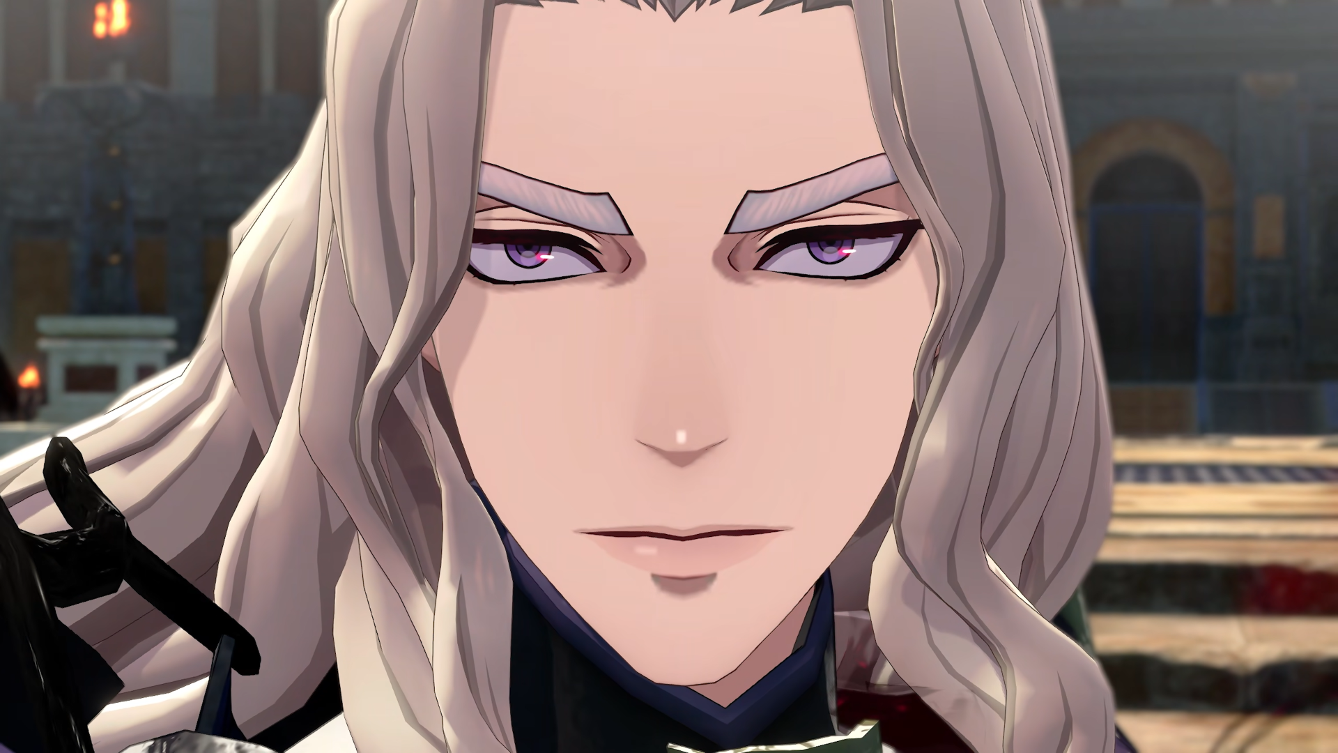 Anime portrait of Dietrich from Fire Emblem: Fortune's Weave — silver hair, sharp purple eyes, close-up 4K Ultra HD PC desktop wallpaper/background.