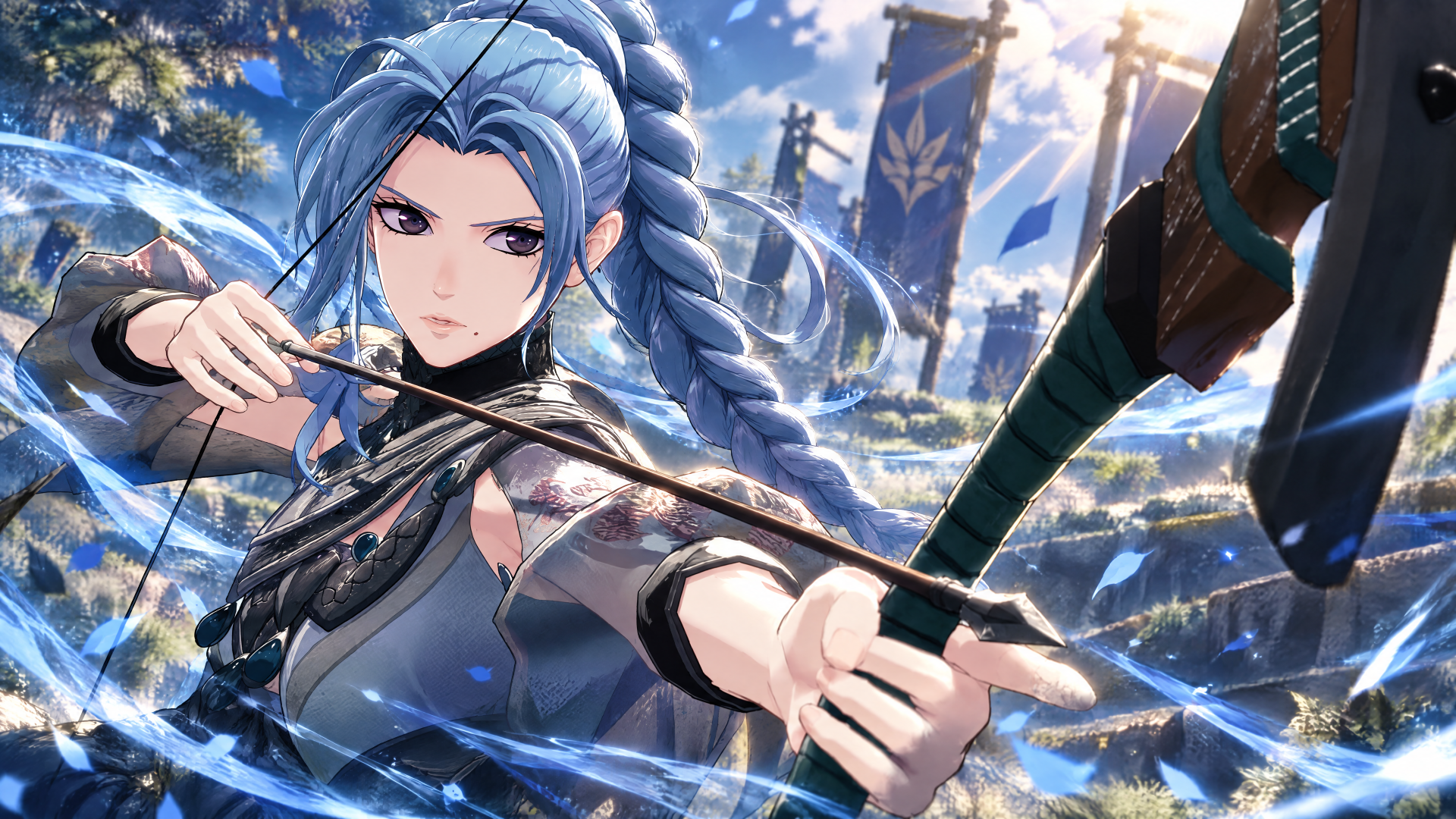 Ursula (Fire Emblem: Fortune's Weave), anime archer girl drawing a bow amid banners and swirling light — 4K Ultra HD PC desktop wallpaper/background.