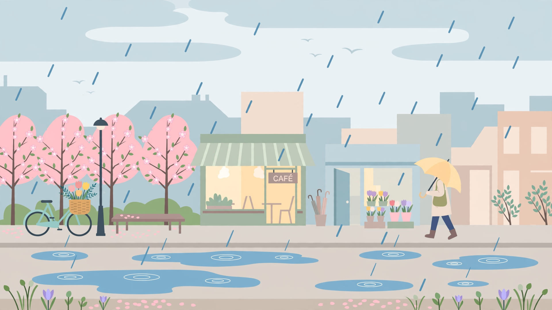 HD PC desktop wallpaper/background: spring rain on a pastel street—figure with umbrella walks past a cafe, cherry blossoms, puddles and a parked bicycle.