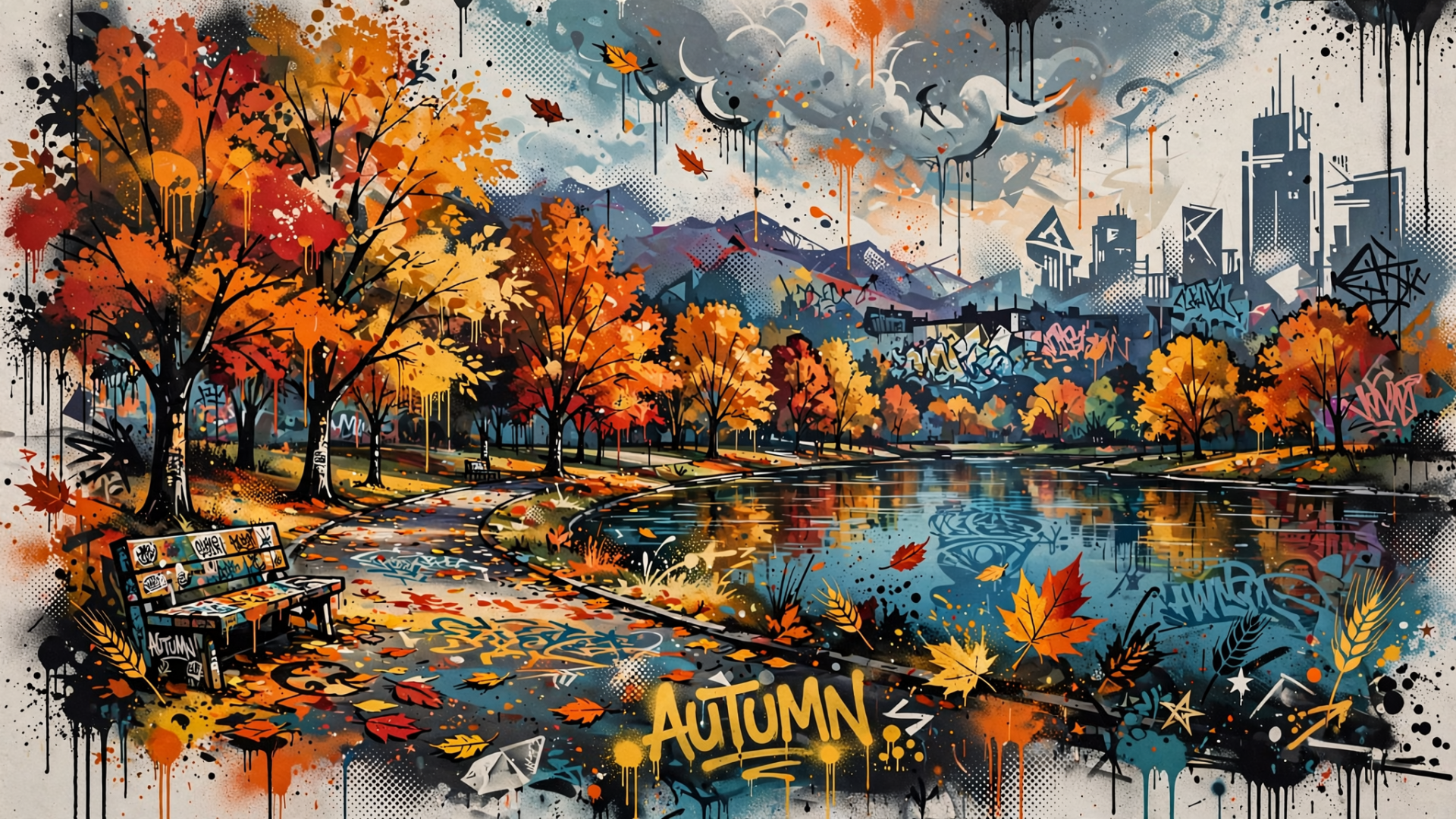 HD PC desktop wallpaper/background of an Autumn fall landscape: vibrant trees around a reflective lake with scattered leaves, graffiti accents, and distant mountains and city skyline.