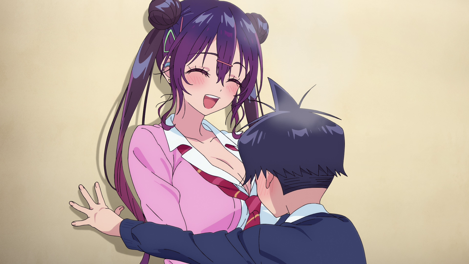 HD PC desktop wallpaper/background from Now That We Draw: anime girl with twin buns and bright smile as a schoolboy leans toward her, warm neutral backdrop.