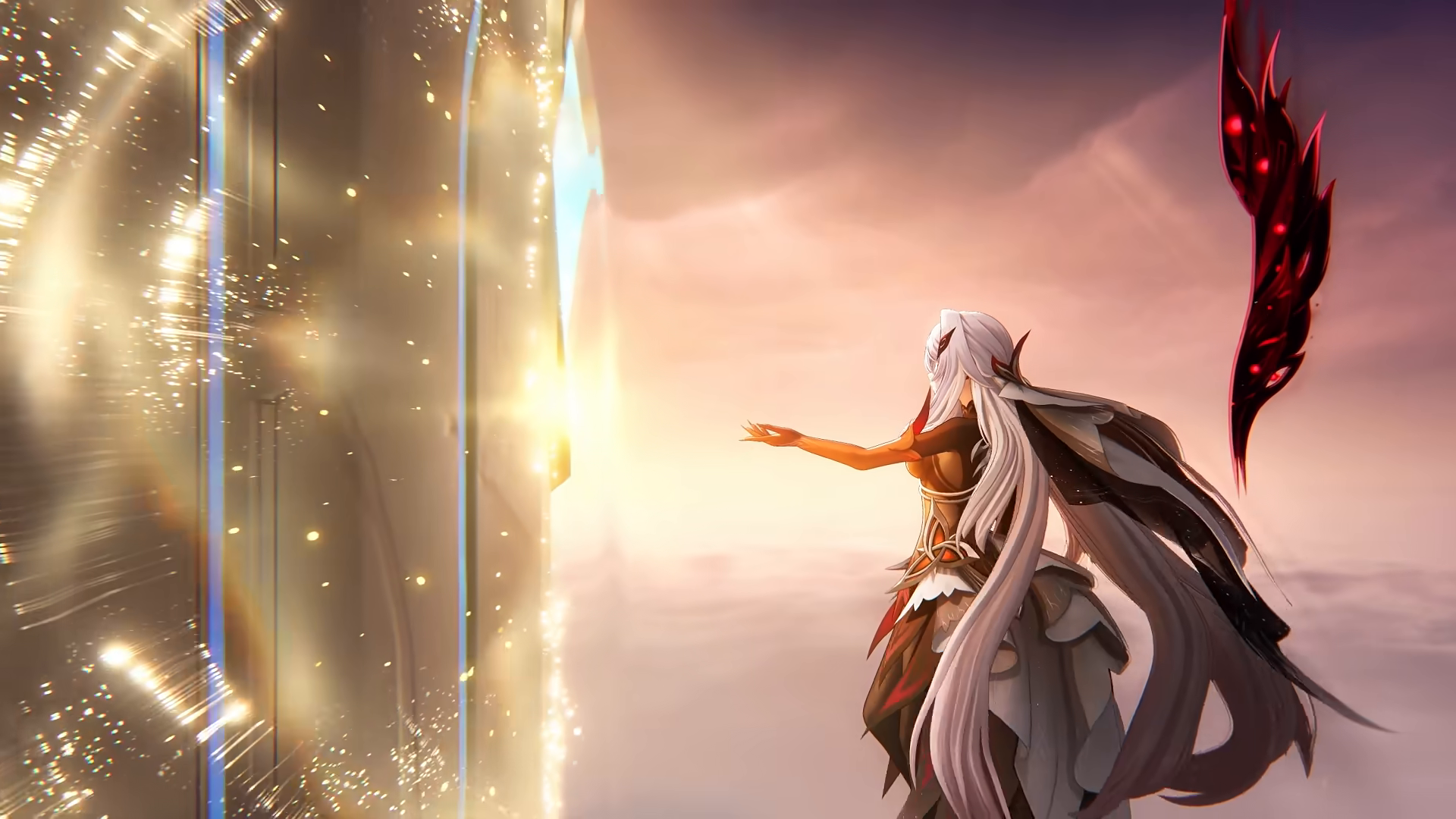 HD PC wallpaper of Ronova (Genshin Impact): anime woman with long white hair reaching toward a glowing portal against a sunset sky, a dark feathered wing hovering behind her.