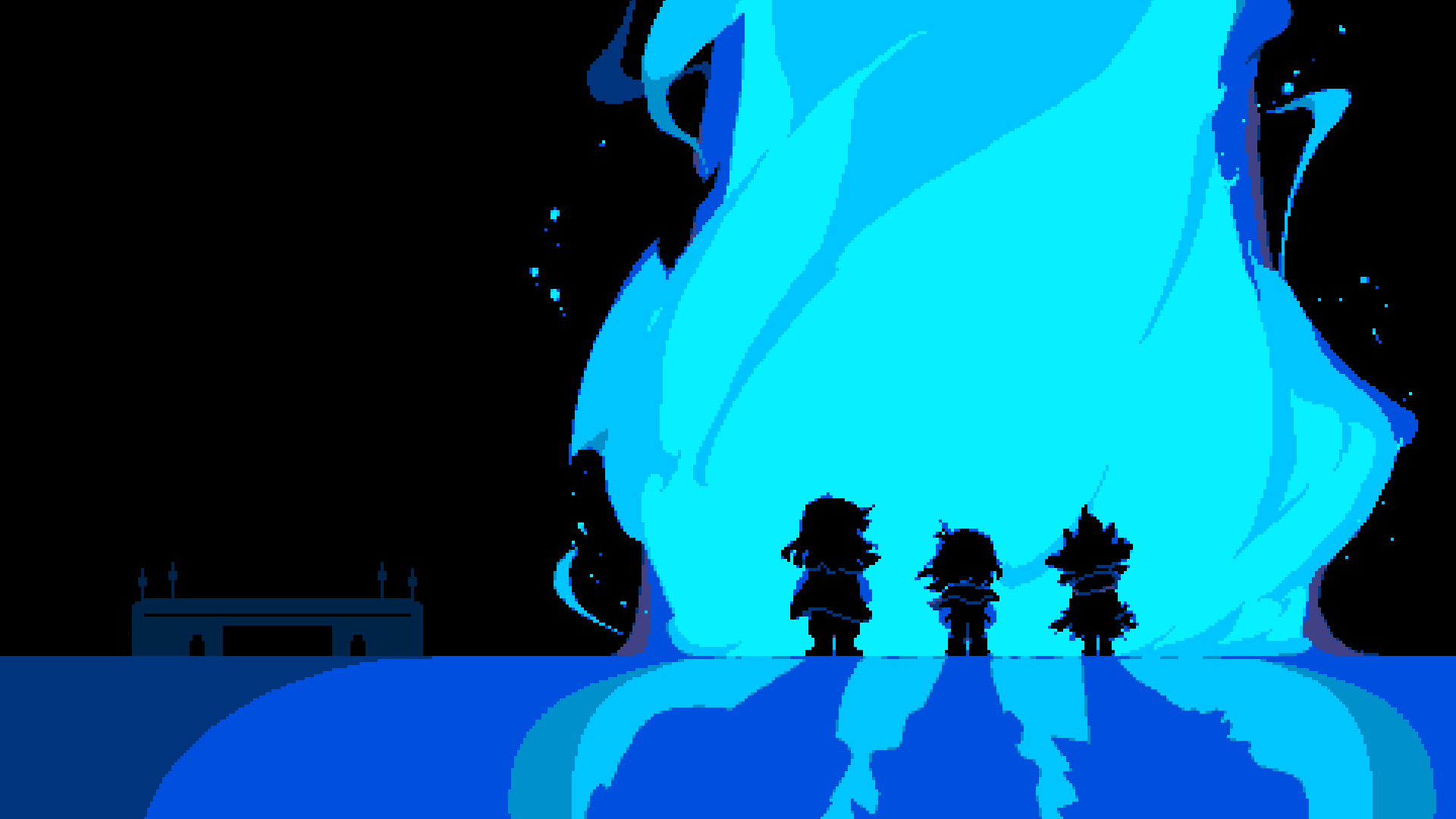 Deltarune 4K Ultra HD PC wallpaper: dark silhouettes of Kris, Susie, and a third figure facing a towering blue fire, their reflections stretching across the foreground.