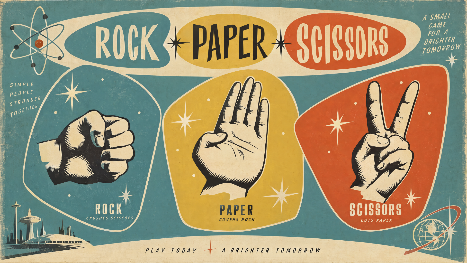 Retro 4K Ultra HD PC desktop wallpaper background showing three hands in mid-century panels labeled Rock, Paper, Scissors.
