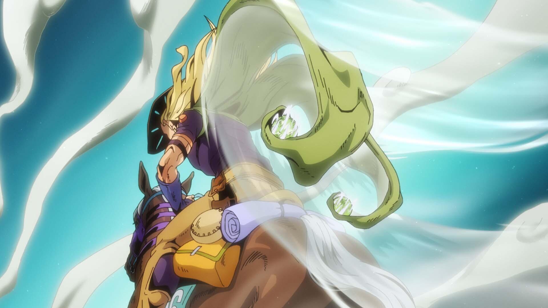 Gyro Zeppeli from Steel Ball Run striking a dynamic spin pose amid swirling winds — anime HD desktop wallpaper