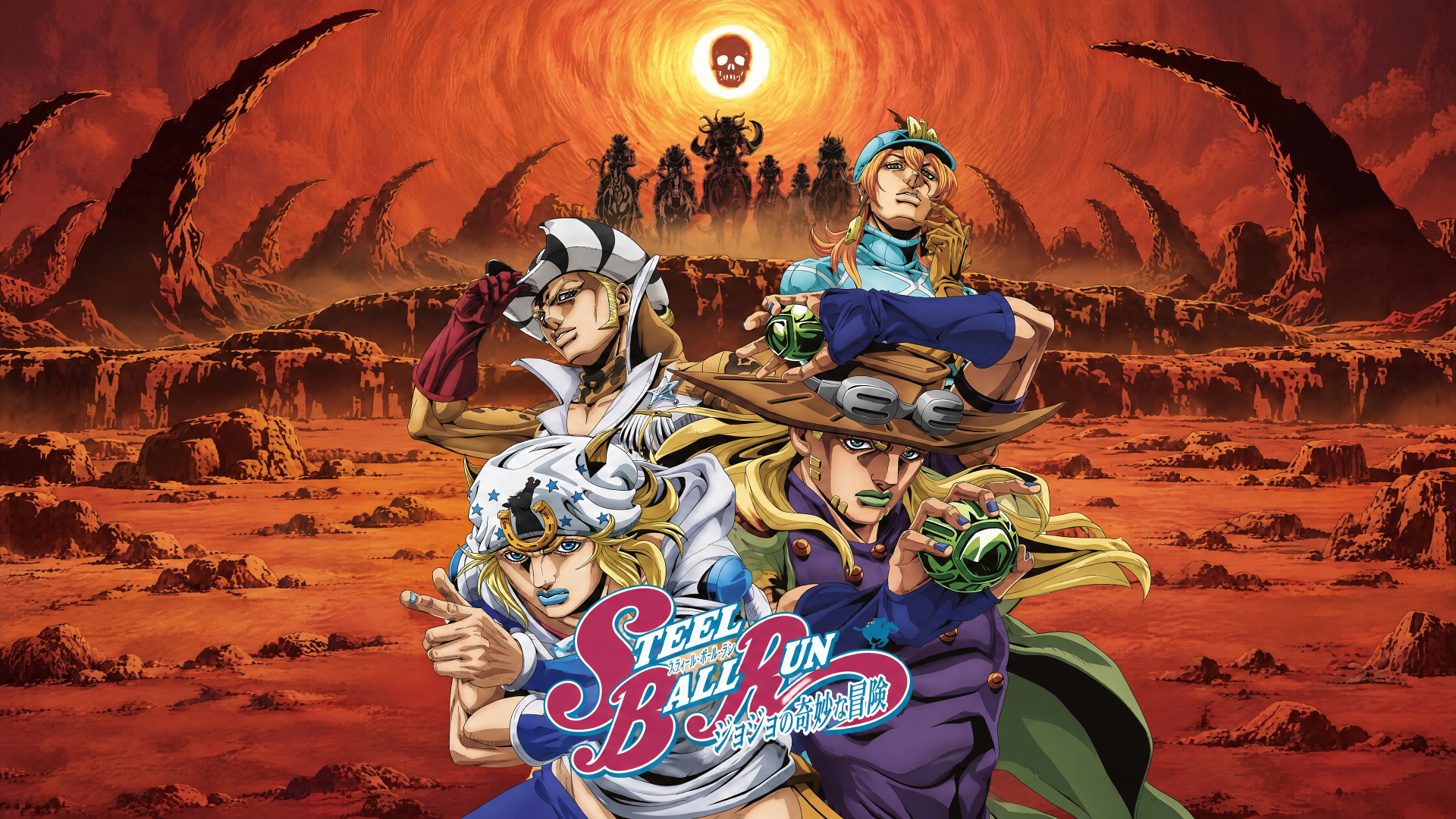 Steel Ball Run anime poster-style 4K Ultra HD PC desktop wallpaper featuring Johnny Joestar and Gyro Zeppeli posed dramatically against a fiery desert sky.