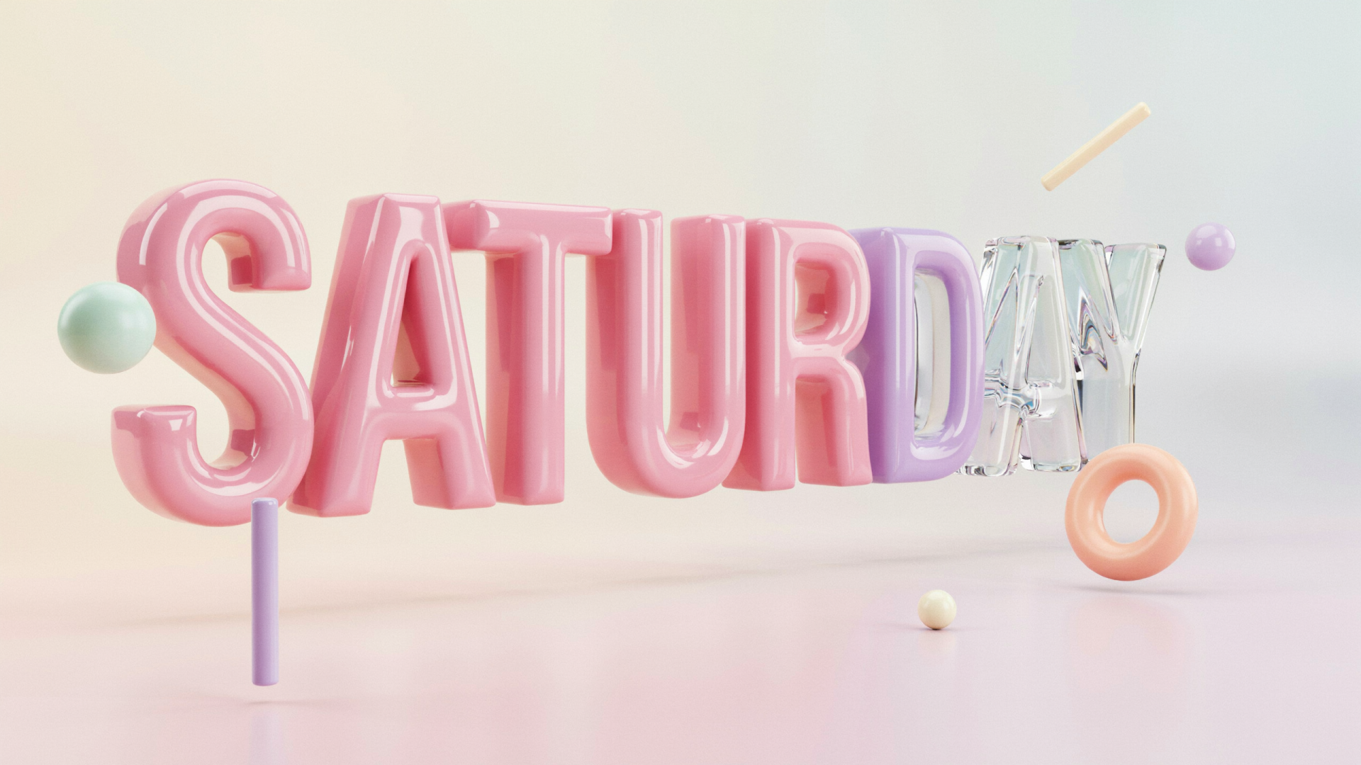Pastel 3D typography spelling SATURDAY in glossy pink-to-lilac letters with floating geometric shapes on a soft cream-pink backdrop — 2K Quad HD PC desktop wallpaper and background.