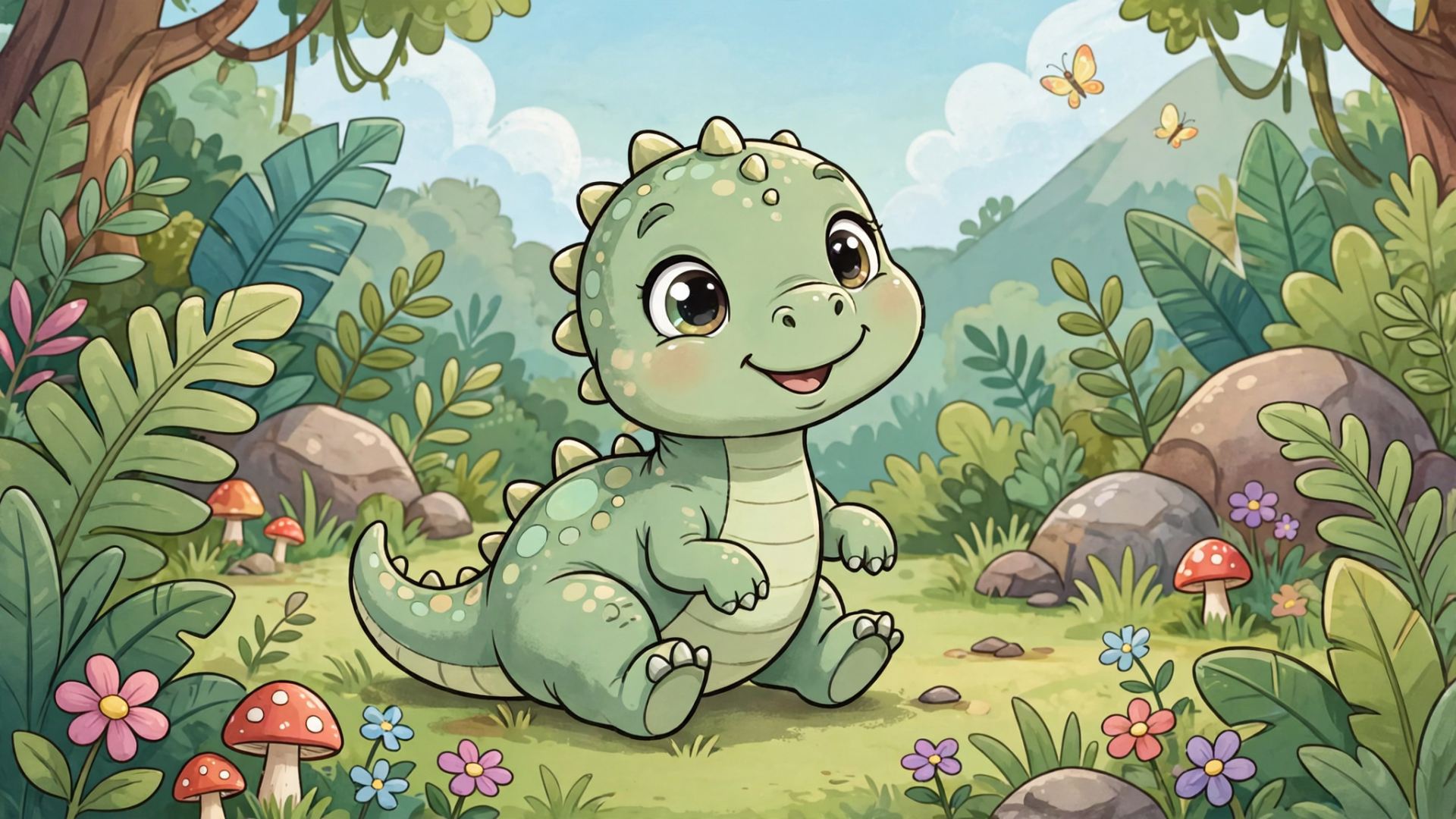 Cute baby dinosaur cartoon sitting in a sunny forest clearing with mushrooms and flowers — HD PC desktop wallpaper/background.