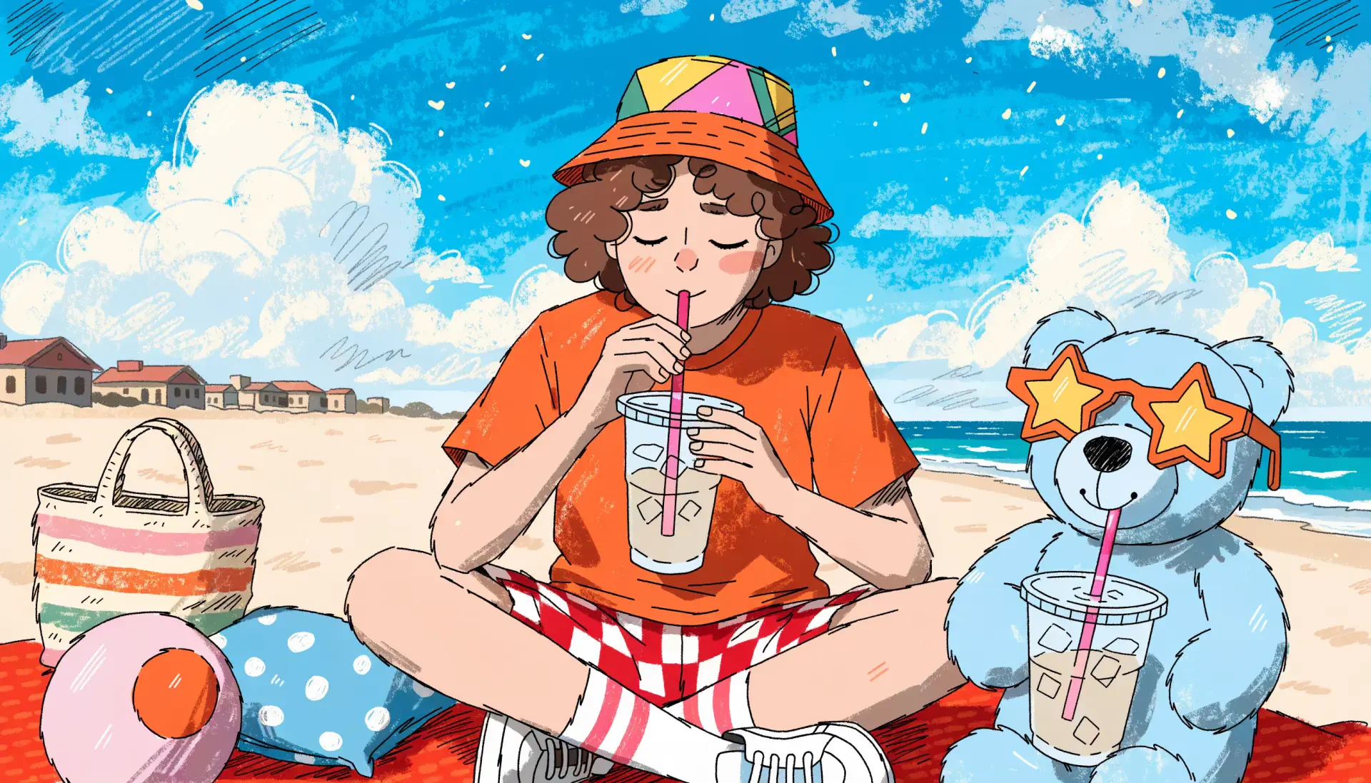 2K Quad HD PC desktop wallpaper of a child in a colorful hat sipping a cold drink on a summer beach, seated beside a teddy bear wearing star-shaped sunglasses.
