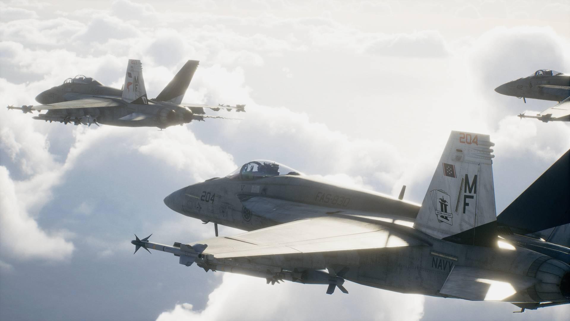 Ace Combat 8: Wings of Theve HD PC desktop wallpaper: a squadron of jet fighters and military warplanes flying above the clouds.