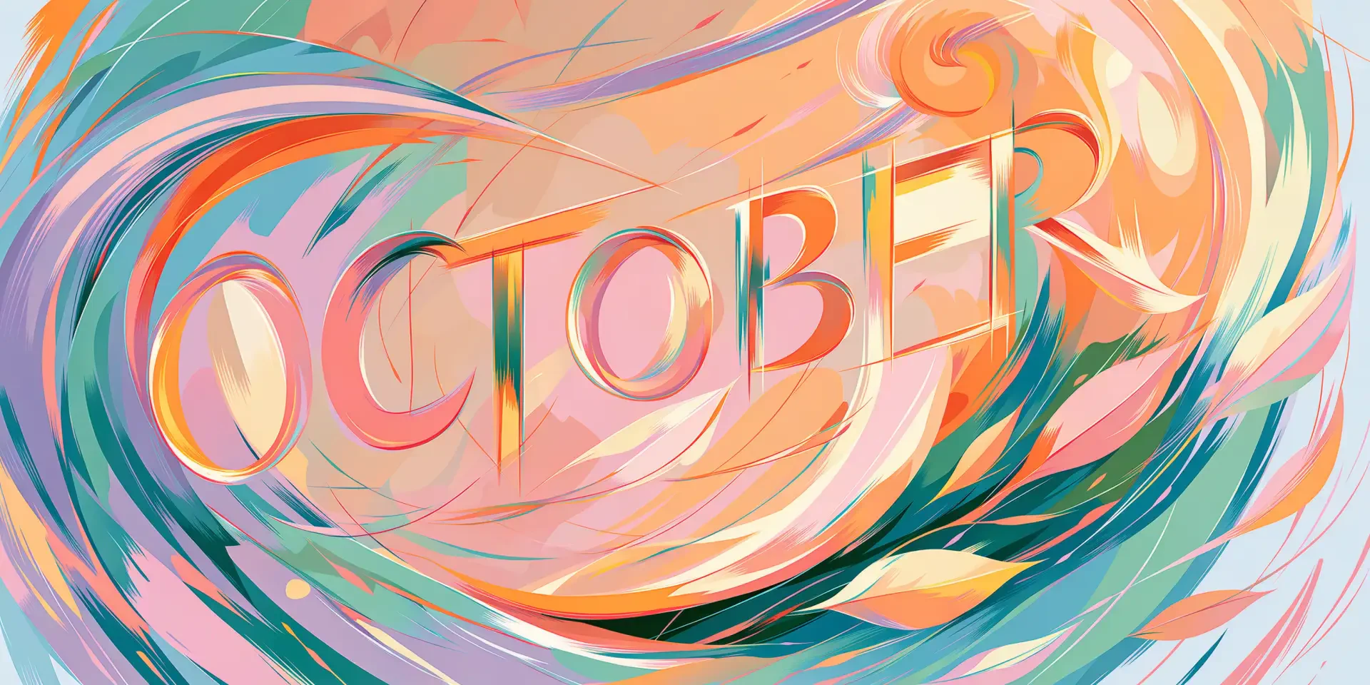 Abstract October 2K Quad HD PC desktop wallpaper and background: vivid pastel swirls in orange, teal and pink sweep around stylized 'OCTOBER' lettering.