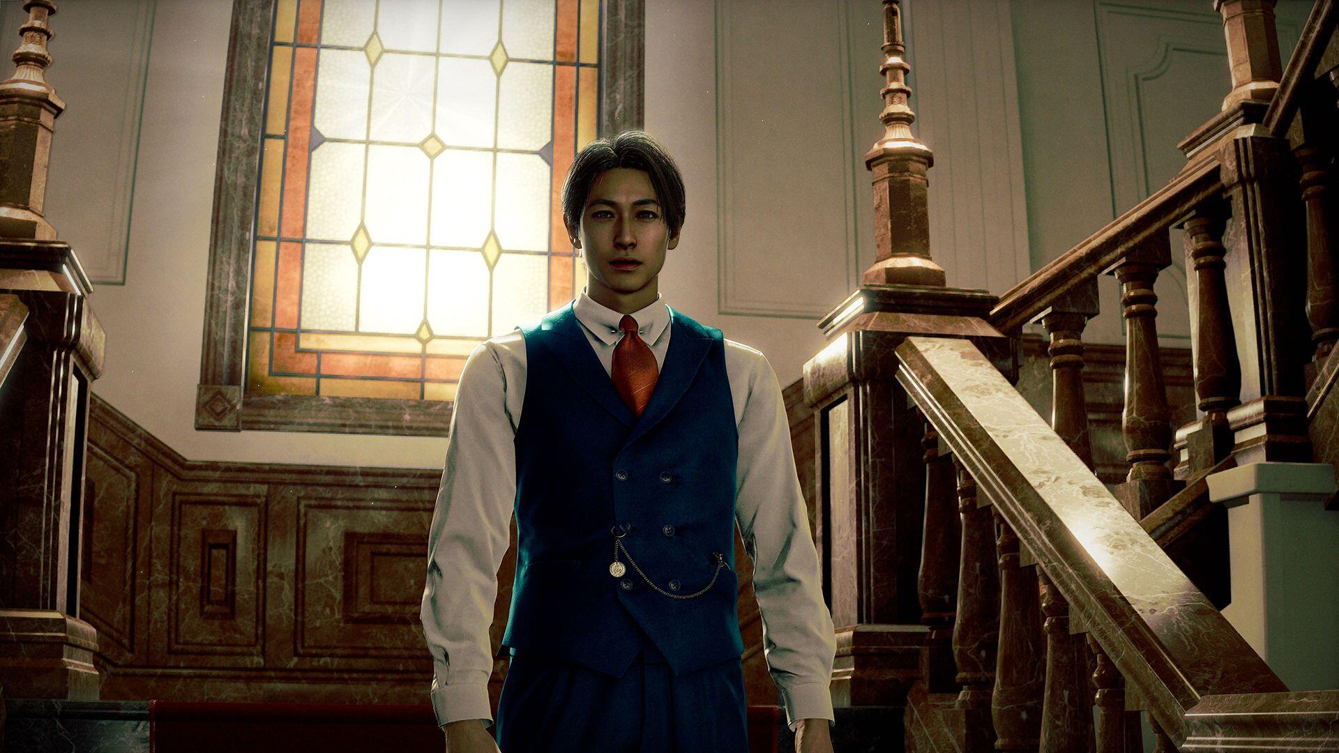 HD PC desktop wallpaper Stranger Than Heaven — a man in a blue vest and red tie stands by ornate wooden stairs beneath a tall stained-glass window.
