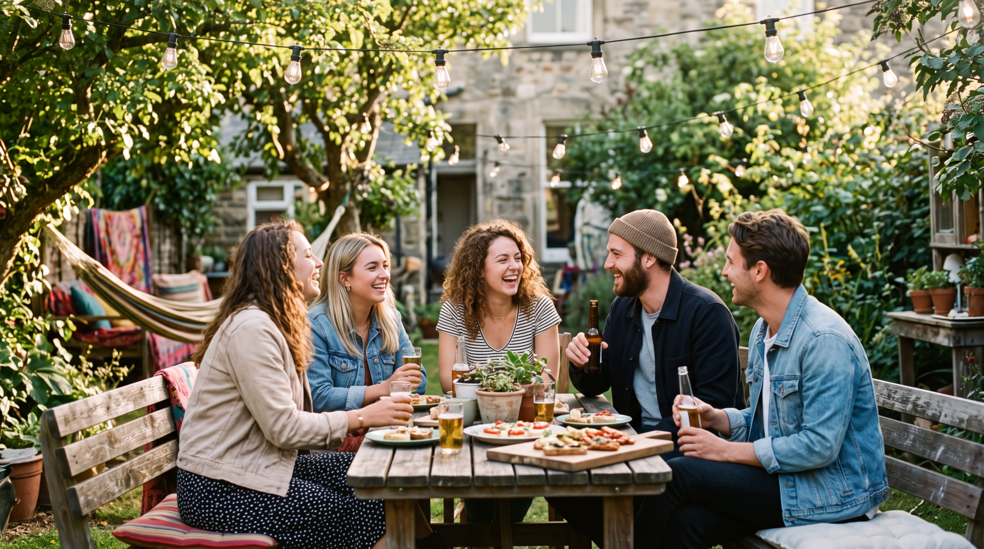 5K Ultra HD PC desktop wallpaper: friends laughing around a backyard table with drinks and snacks, string lights and greenery creating warm, relaxed good vibes.