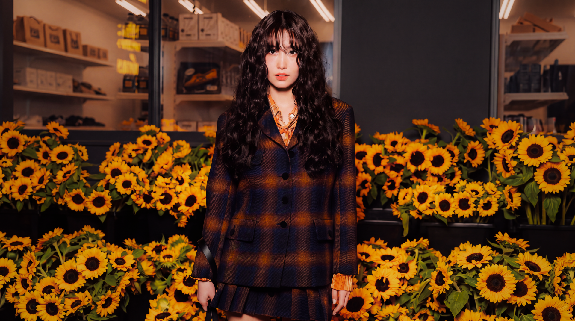 5K UHD desktop wallpaper: portrait of a model in a dark plaid outfit standing among sunflowers with warm autumn lighting and a moody urban backdrop.