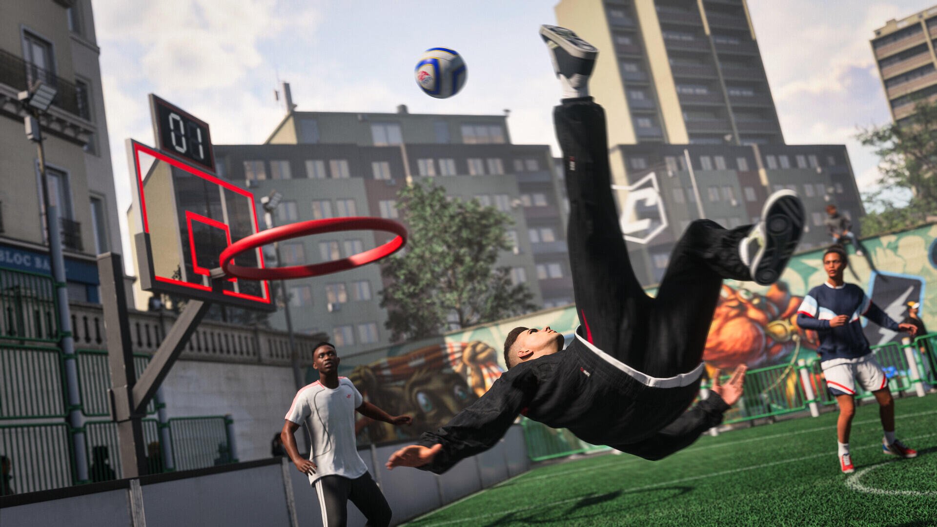 EA SPORTS FC 27 HD PC desktop wallpaper showing a dramatic street basketball dunk—an airborne player flipping toward the hoop with defenders and urban buildings in the background.