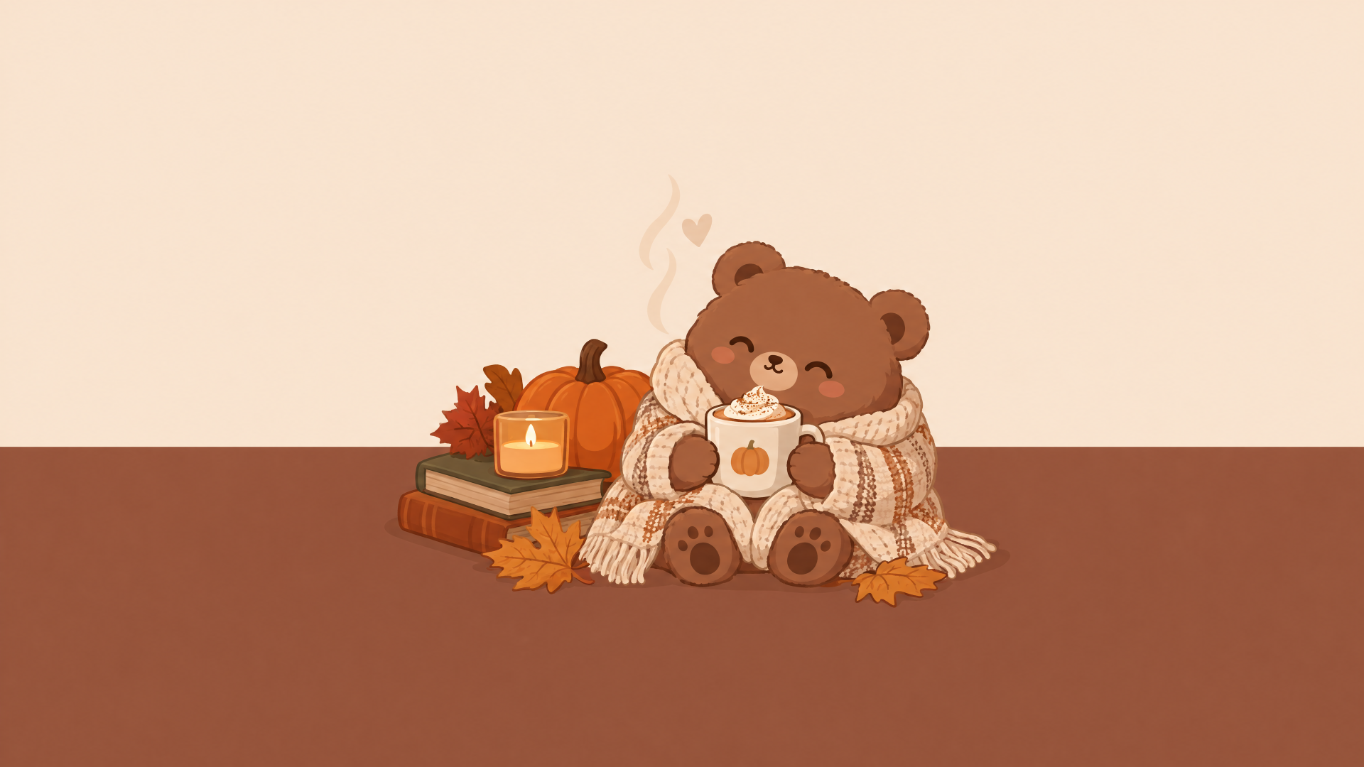 4K Ultra HD PC desktop wallpaper of a cozy fall scene: a teddy bear wrapped in a blanket cradling a mug beside a lit candle, stacked books, a pumpkin and scattered autumn leaves.