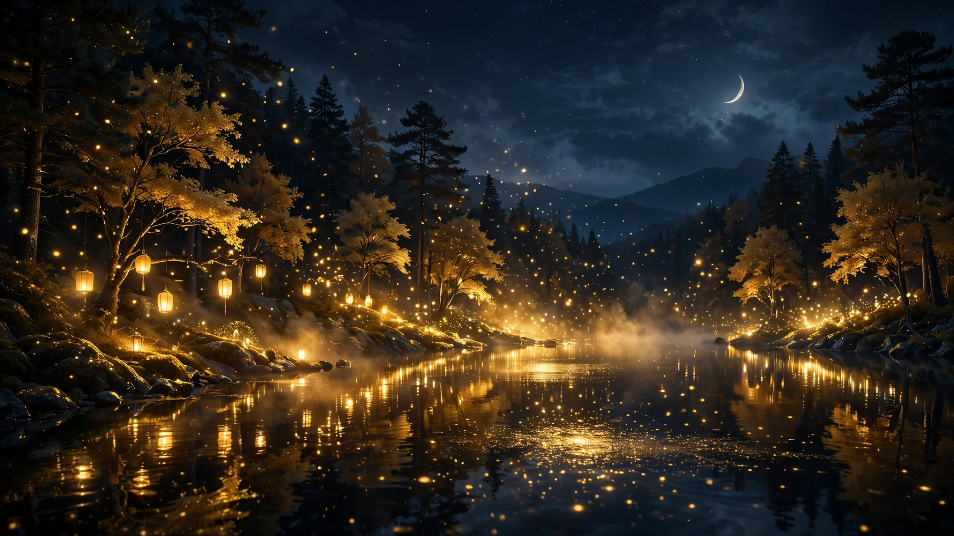 HD PC wallpaper of a moonlit forest river at night — crescent moon over mountains, warm lantern glows reflecting on water, star-filled sky and a tranquil night mood.