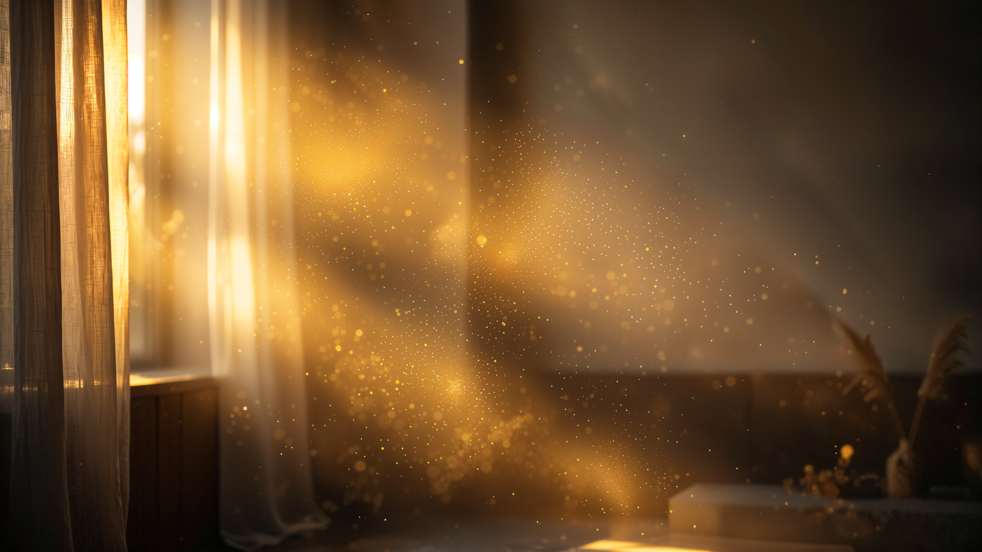 4K Ultra HD desktop wallpaper: warm sunlight streaming through a window and curtain, ambient light and dust motes in a golden light beam across a dim room.