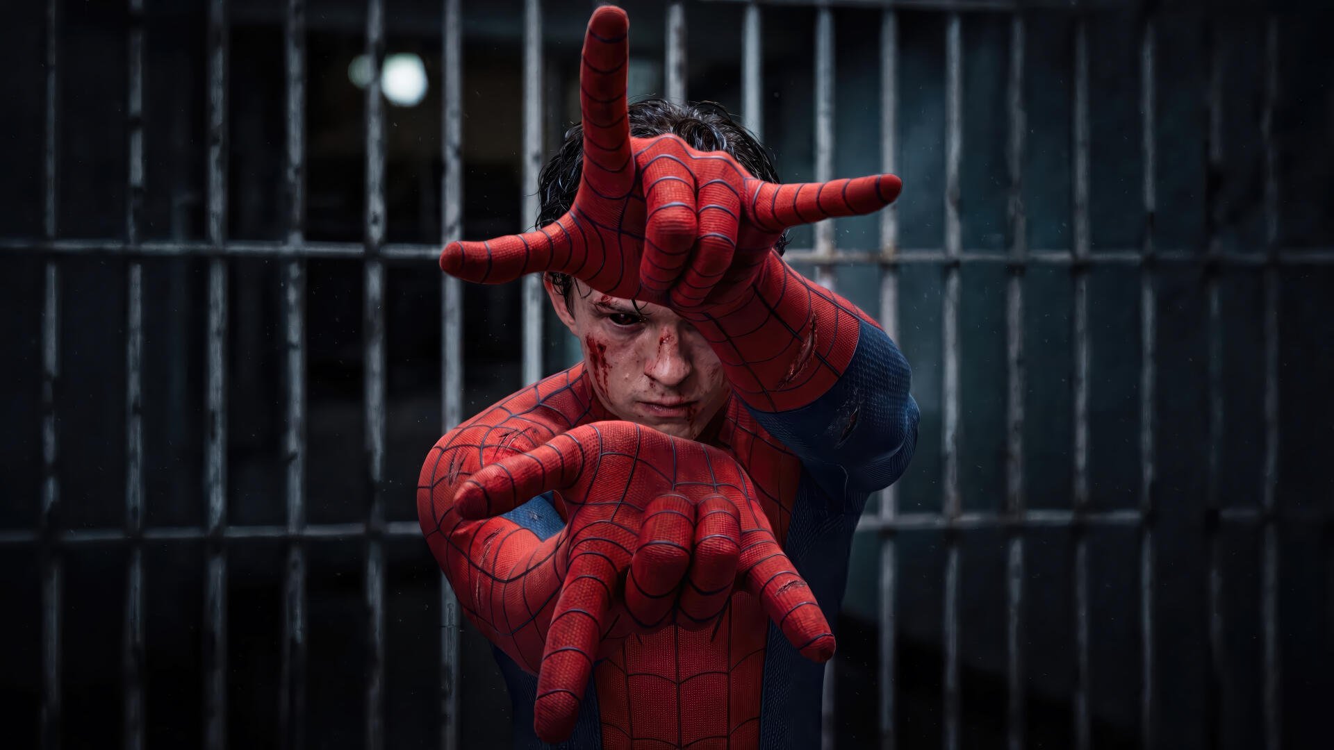 Spider-Man: Brand New Day — red-suited hero firing a web toward the viewer against a dark, barred background. 4K Ultra HD PC desktop wallpaper.