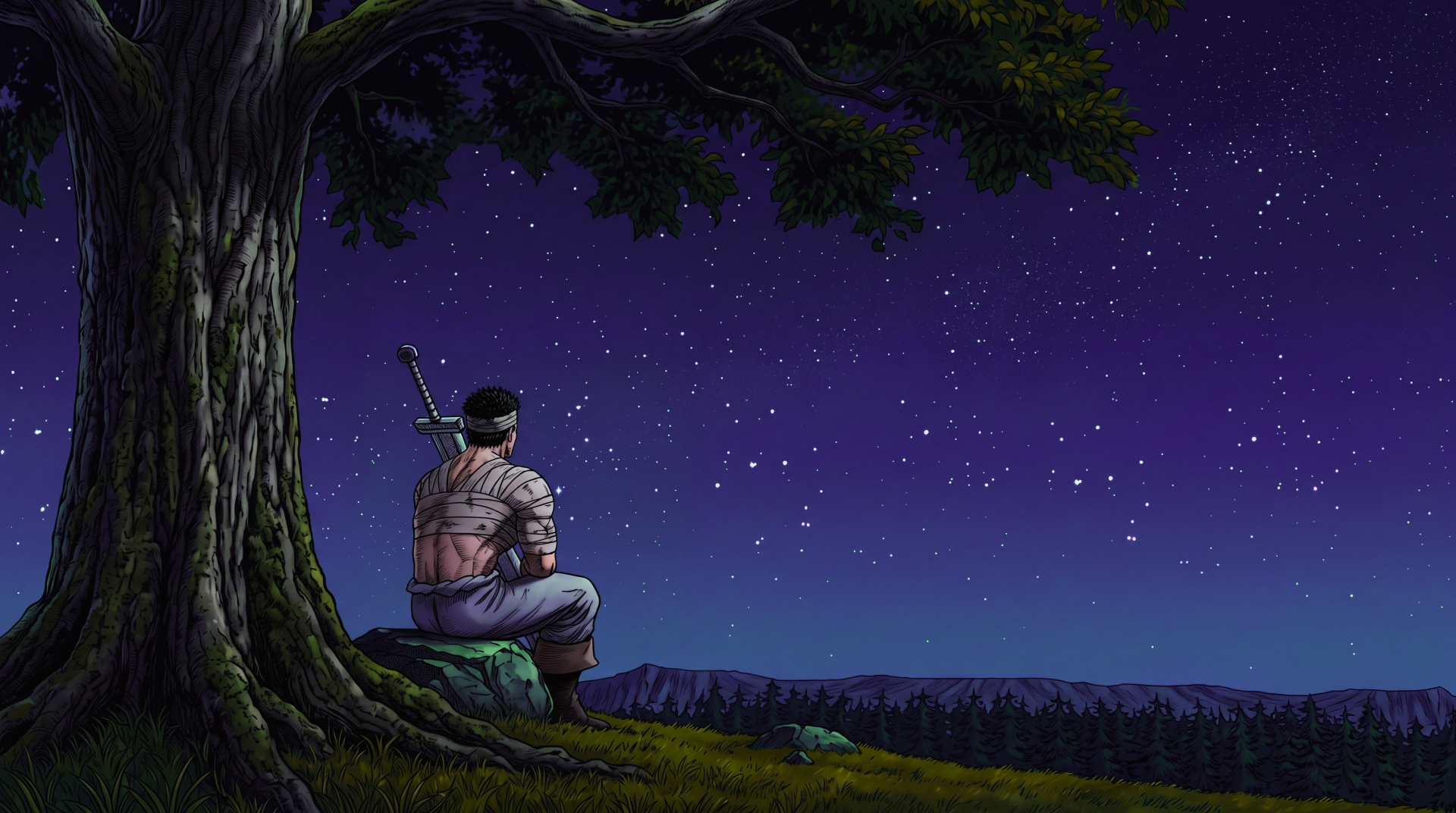 5K Ultra HD PC desktop wallpaper of Guts from Berserk sitting beneath a tree, sword on his back, quietly gazing at a star-filled night sky.
