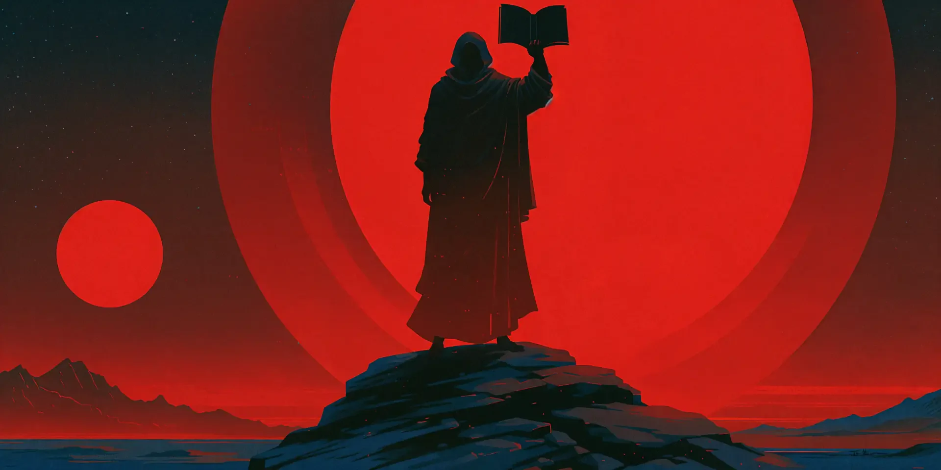 Silhouette of a robed figure holding a book atop a rocky peak before a massive red sun — wisdom-themed 4K Ultra HD PC desktop wallpaper and background.