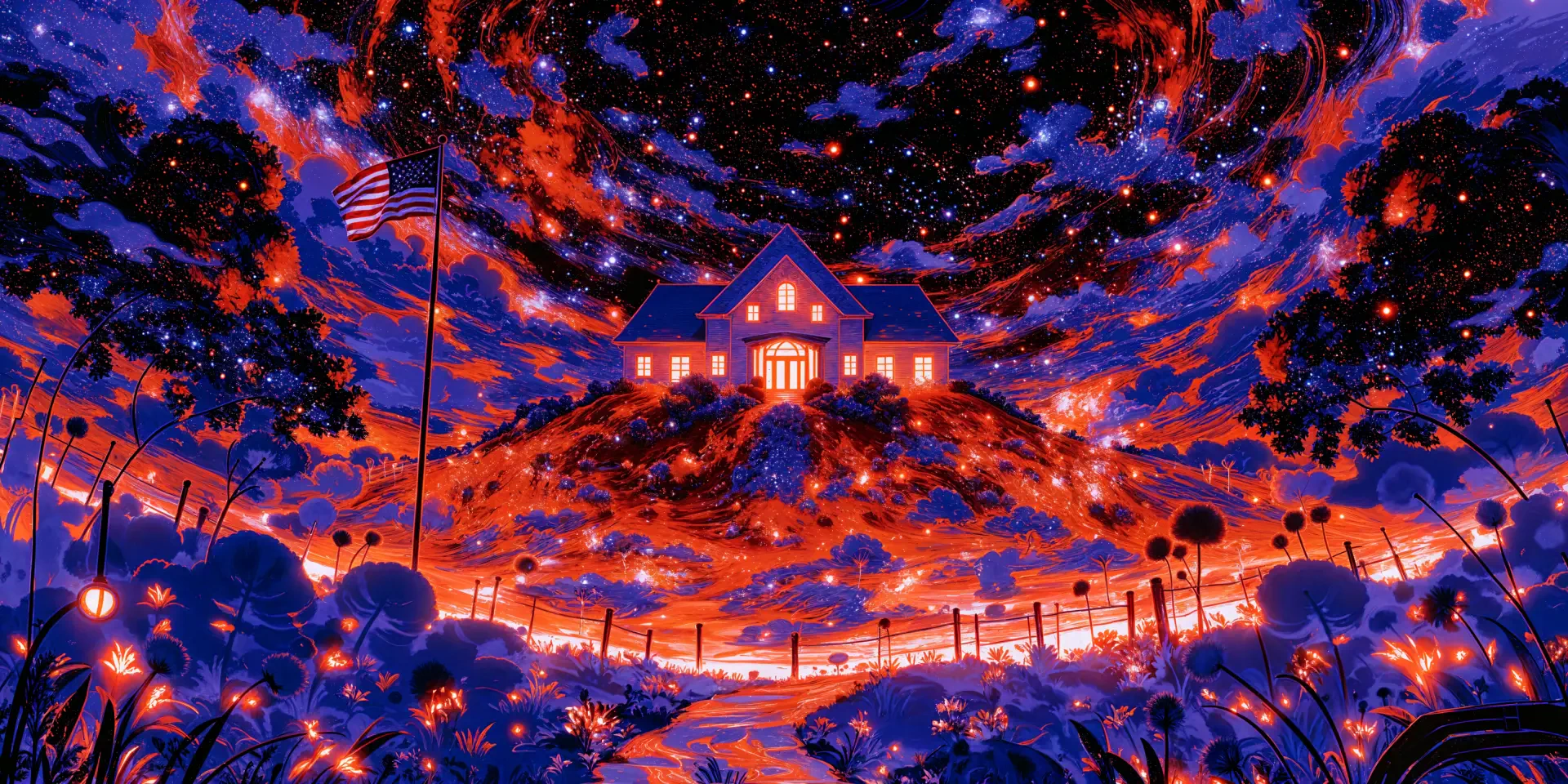 4K Ultra HD PC desktop wallpaper and background: A luminous house atop a hill under a star-filled night sky, American flag waving amid glowing flowers — a surreal American Dream scene.