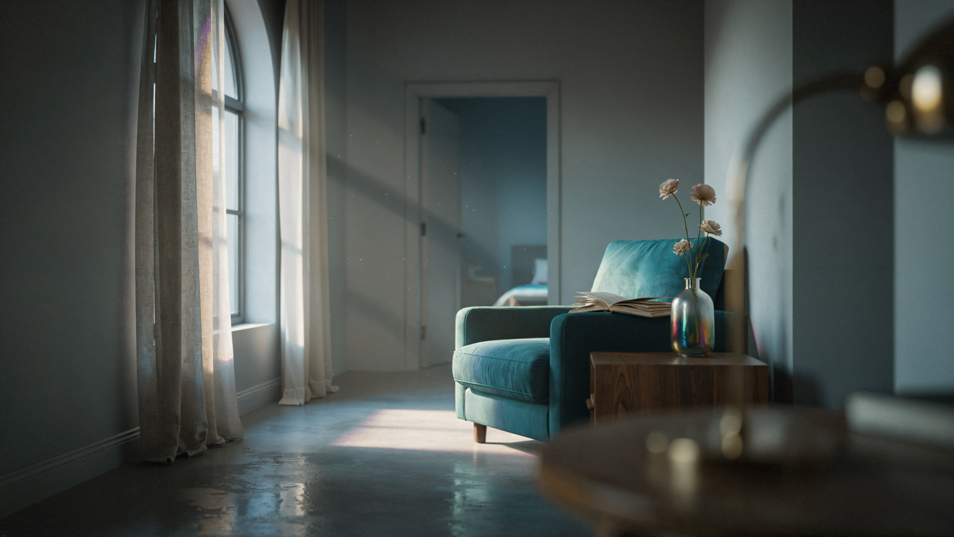 4K Ultra HD PC desktop wallpaper: sunlit interior with ambient light, window casting shadows on a teal armchair.