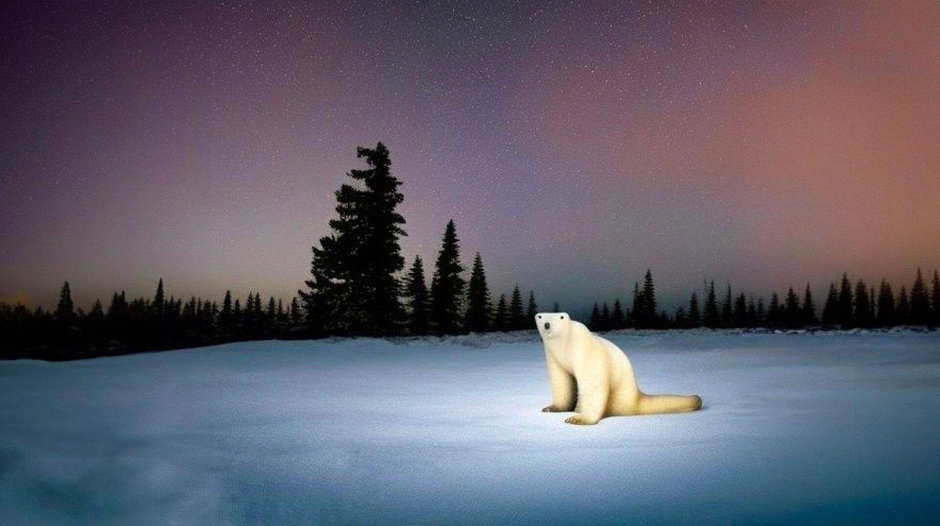 Polar Bear 2026 meme: a lone polar bear sits on snowy expanse beneath twilight sky, pine silhouettes on horizon — 2K Quad HD PC desktop wallpaper/background.