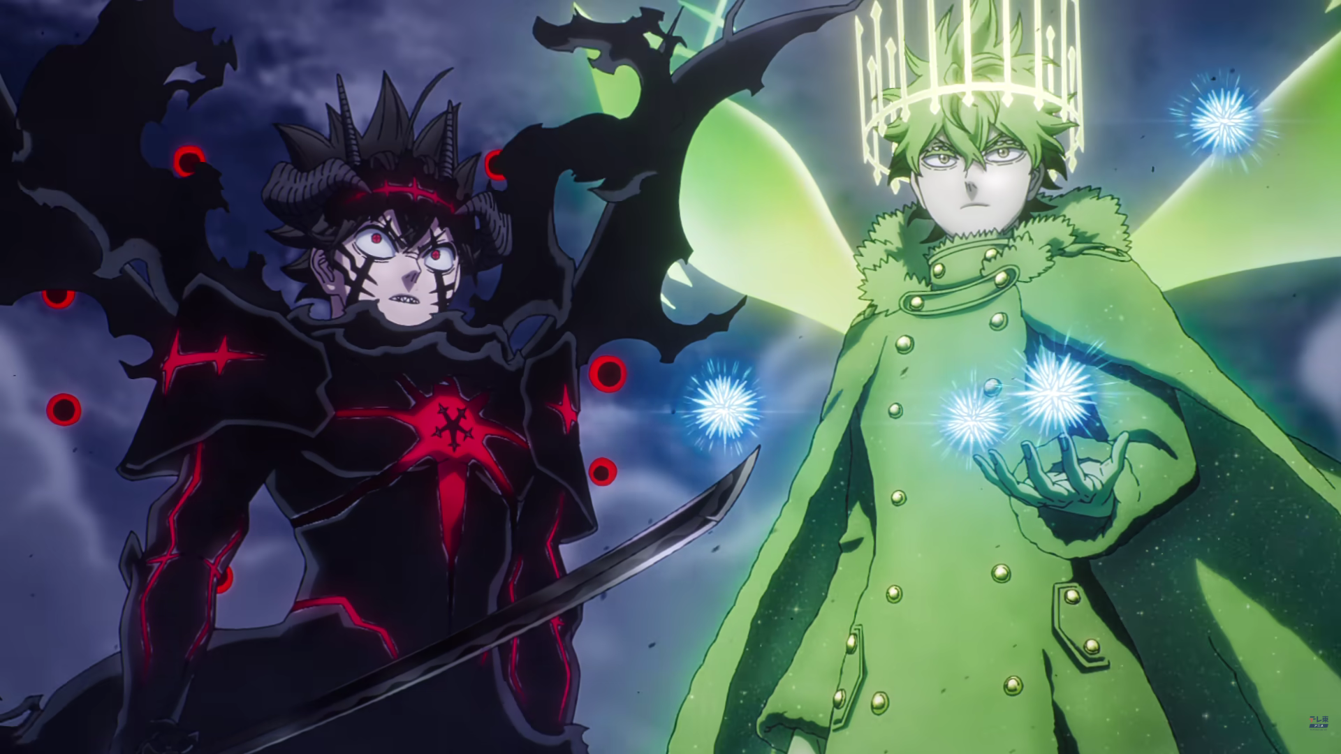 HD desktop wallpaper of Black Clover's Asta in a dark demonic form wielding a sword with a red aura, beside Yuno in a glowing green cloak conjuring blue wind magic.