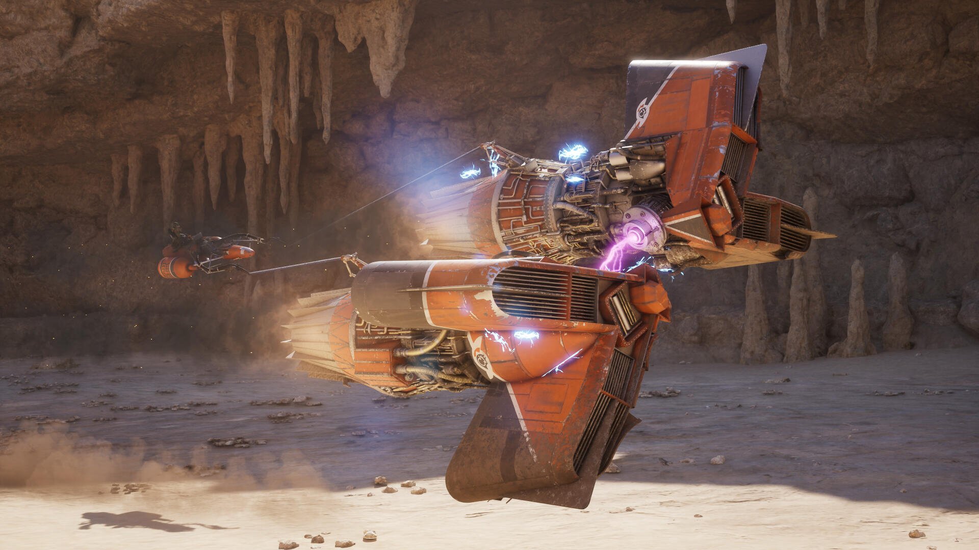 Star Wars: Galactic Racer orange hovercraft spaceship racing through a cavern, engine glow and dust — 4K Ultra HD PC Desktop Wallpaper and Background vehicle.