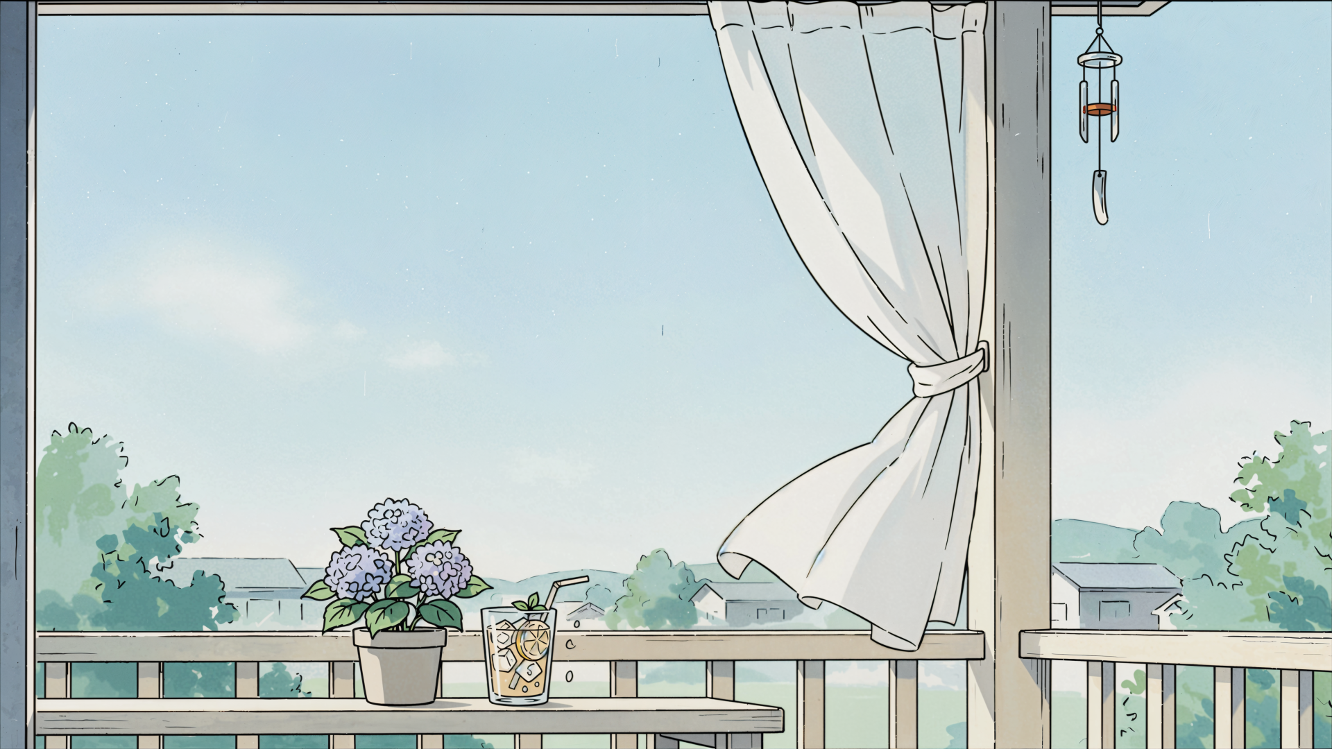 Minimalist summer balcony with a flowing white curtain and potted flowers, illustrated 4K Ultra HD desktop wallpaper.