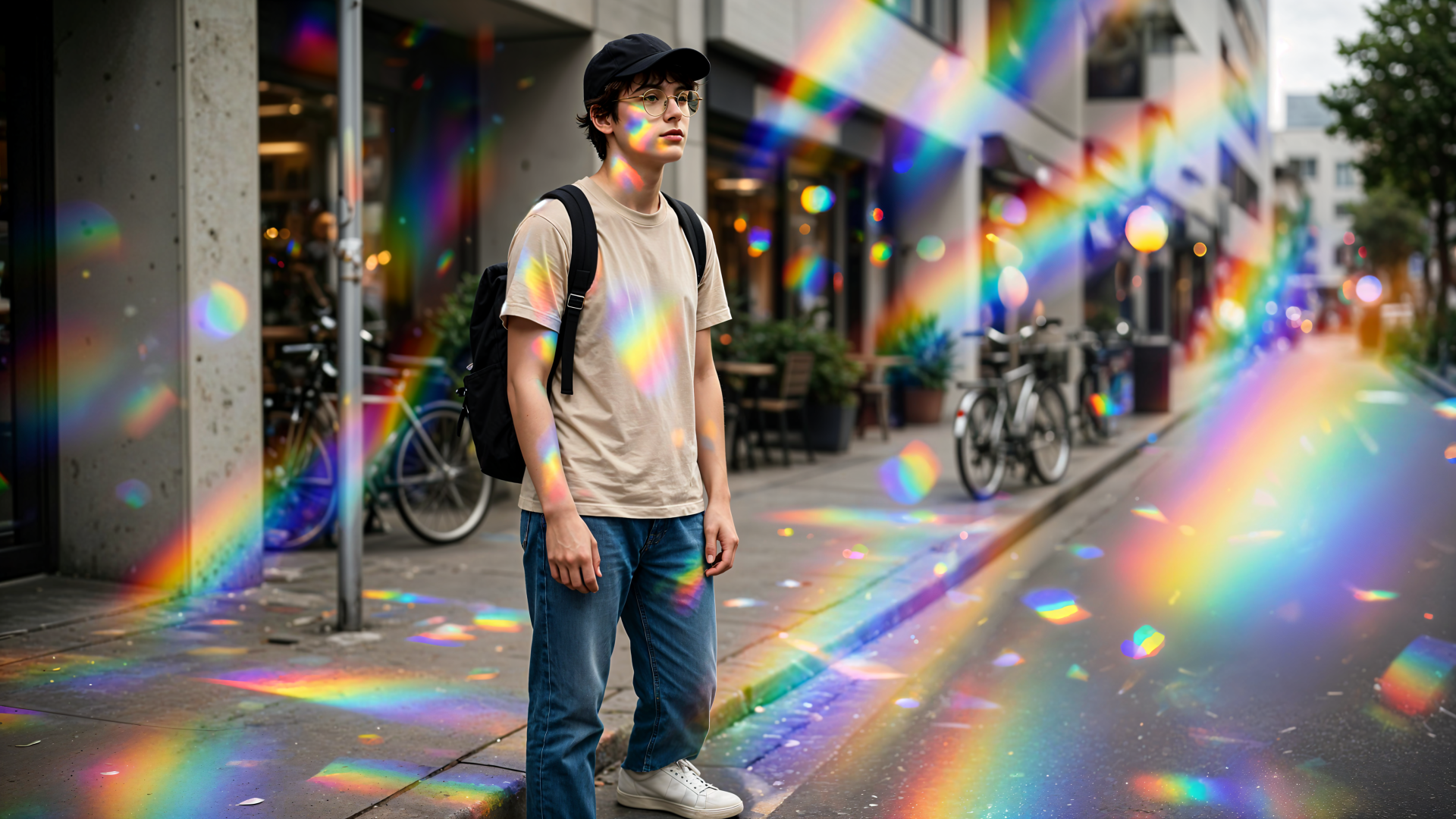 Normcore man on a city street with rainbow light across the pavement, 4K Ultra HD PC desktop wallpaper and background.