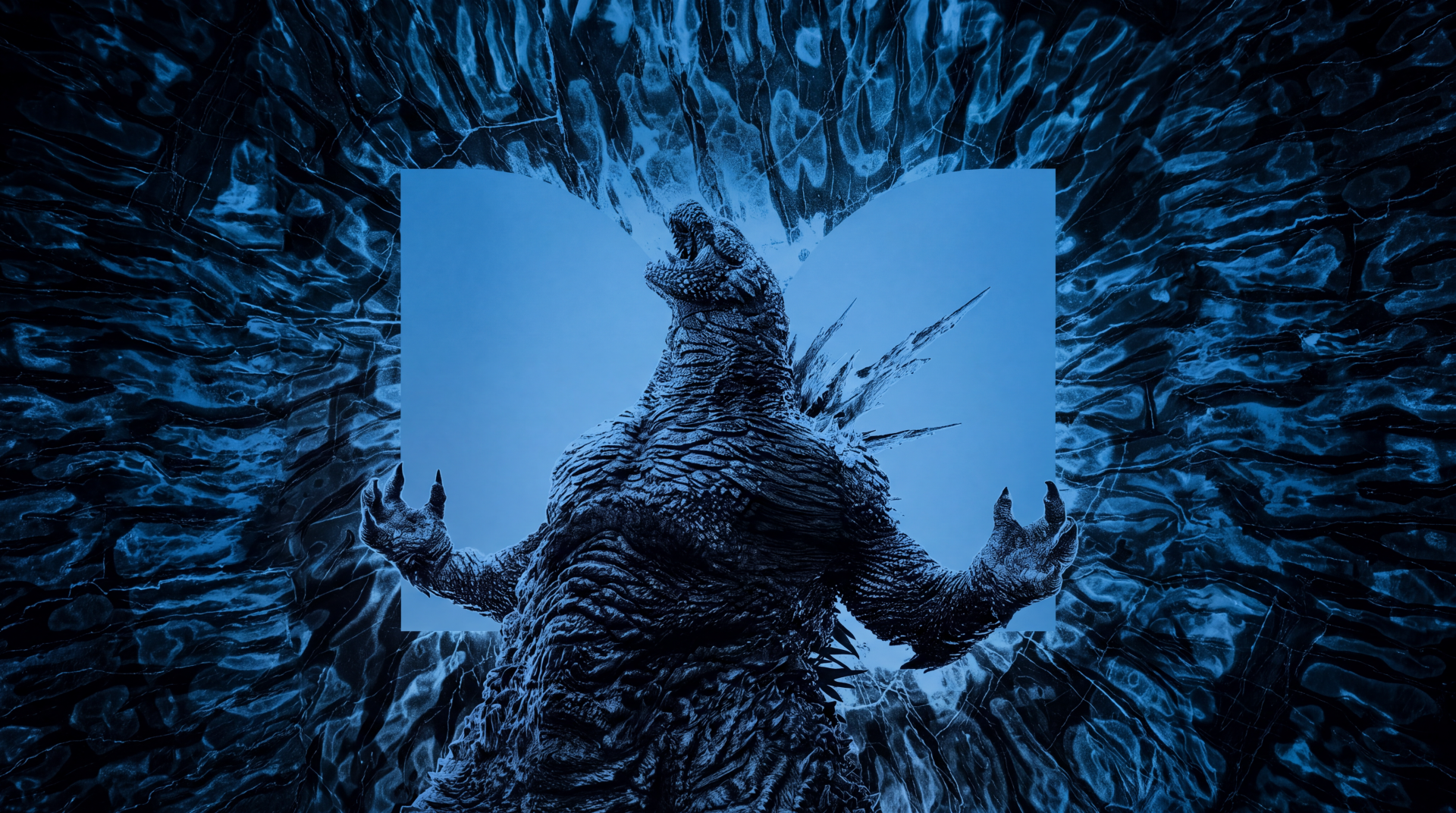 Godzilla Minus Zero towers amid blue ice-like shards in this 5K Ultra HD PC desktop wallpaper and background.