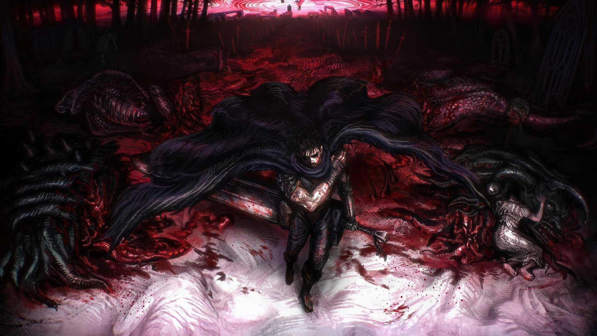 Berserk 4K Ultra HD PC desktop wallpaper featuring a shadowy figure amid a blood-red battlefield and monstrous creatures.