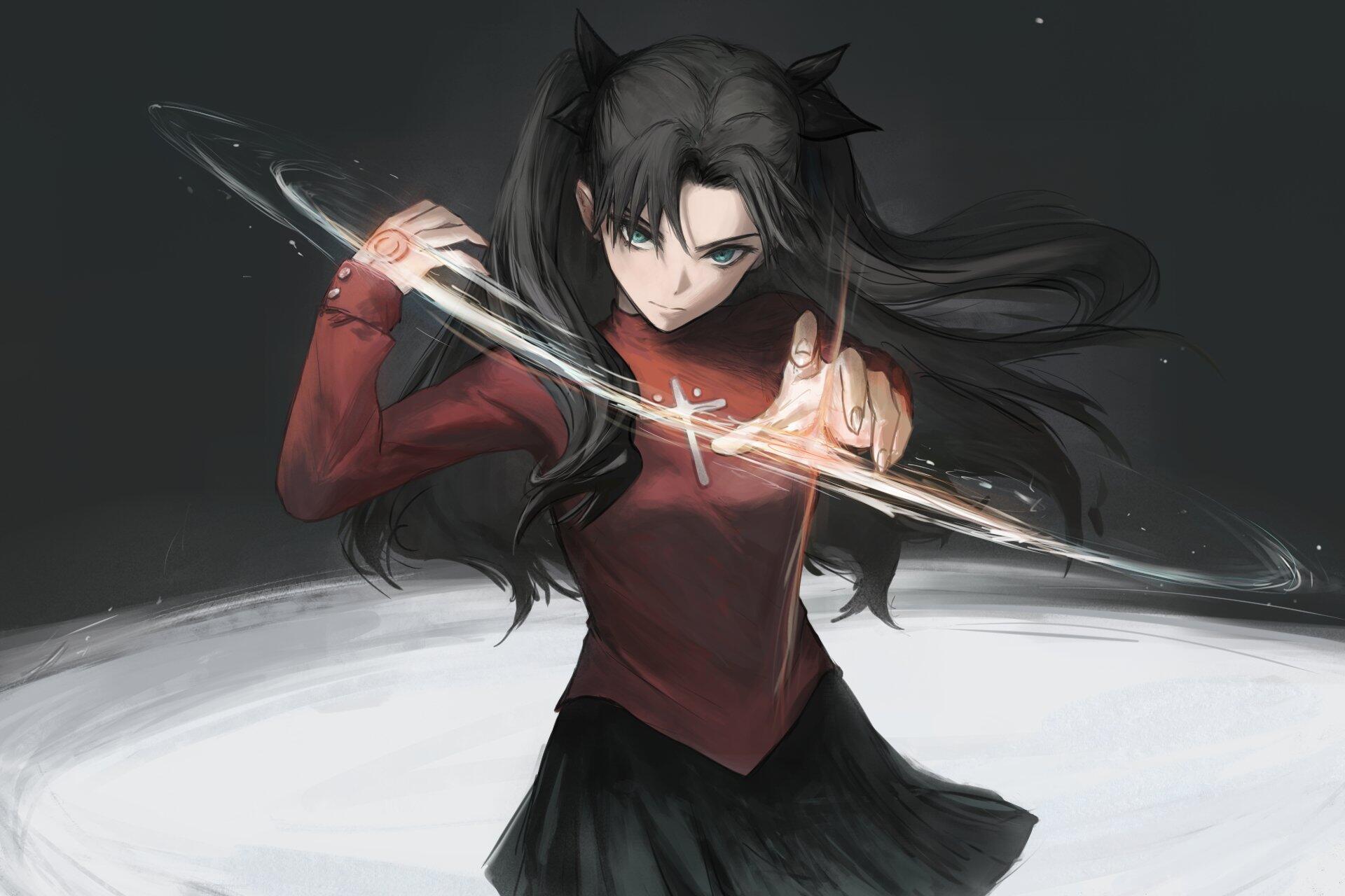 Rin Tohsaka wielding a glowing blade in a dramatic Fate anime HD PC desktop wallpaper and background.