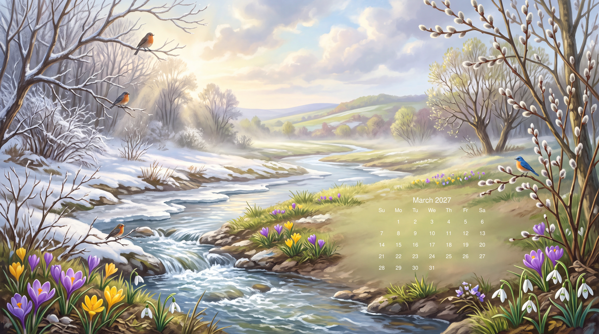 March 2027 calendar over a snowy winter river landscape with flowering banks, presented as a 5K Ultra HD PC desktop wallpaper background.