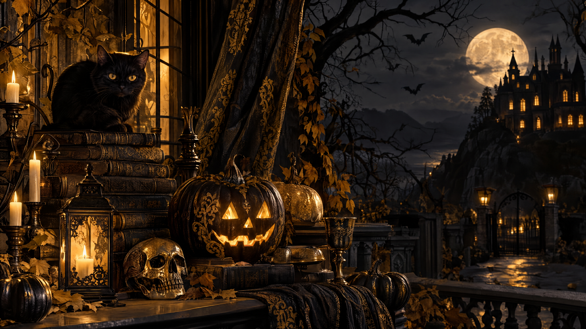 4K Ultra HD Halloween aesthetic PC desktop wallpaper featuring a glowing jack-o’-lantern, black cat, candles, and a moonlit haunted village.